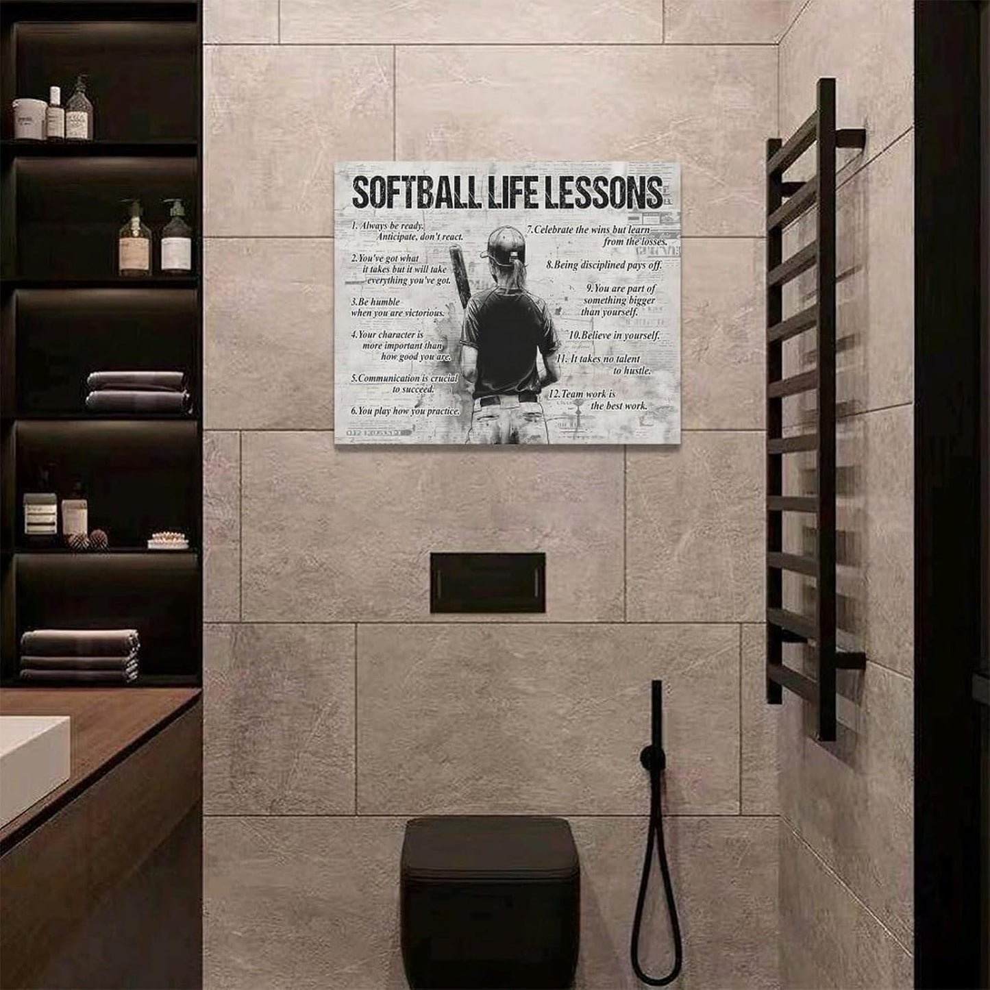 Softball Sports Wall Art Softball Life Lessons Wall Decor Softball Sign Retro Poster Boy Girls Men Room Motivational Decorations Canvas Print Painting Artwork for Bedroom Bathroom Living Room 20"x16"