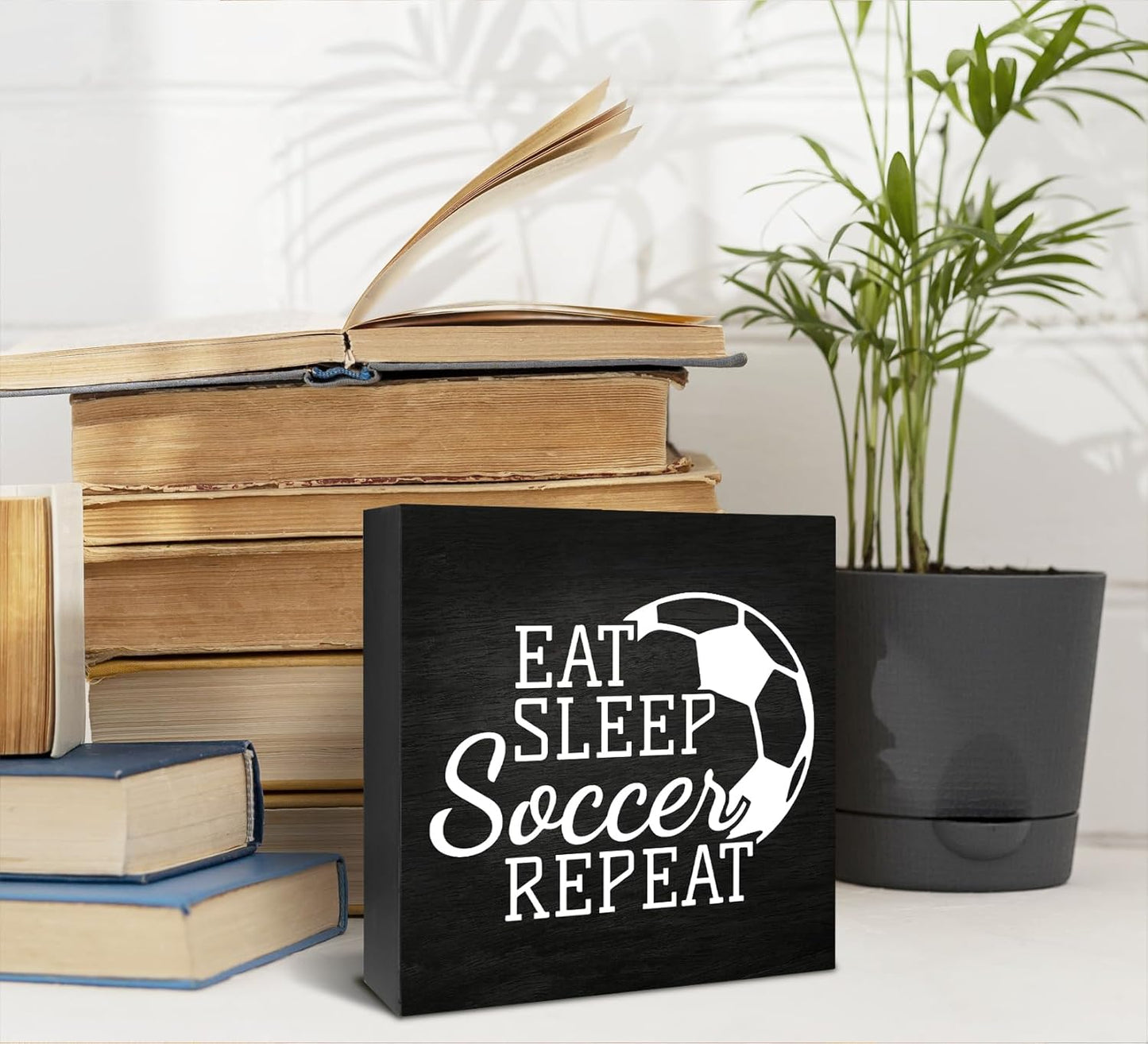 Soccer Decor Sign - Eat Sleep Soccer Repeat, Wooden Box Table Sign for Boys Room, Bedroom Decor, Birthday Party Decorations 5 x 5 Inch
