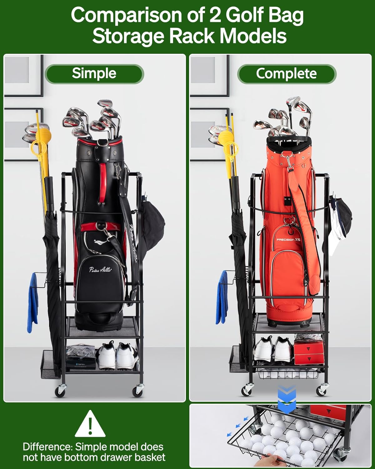 Golf Bags Storage Garage Organizer - Golf Bag Stand Fit Single Golf Bags, Golf Clubs, and Golf Equipment Accessories, Golf Bag Storage Rack with Wheels for Garage, Club, Shed, Basement