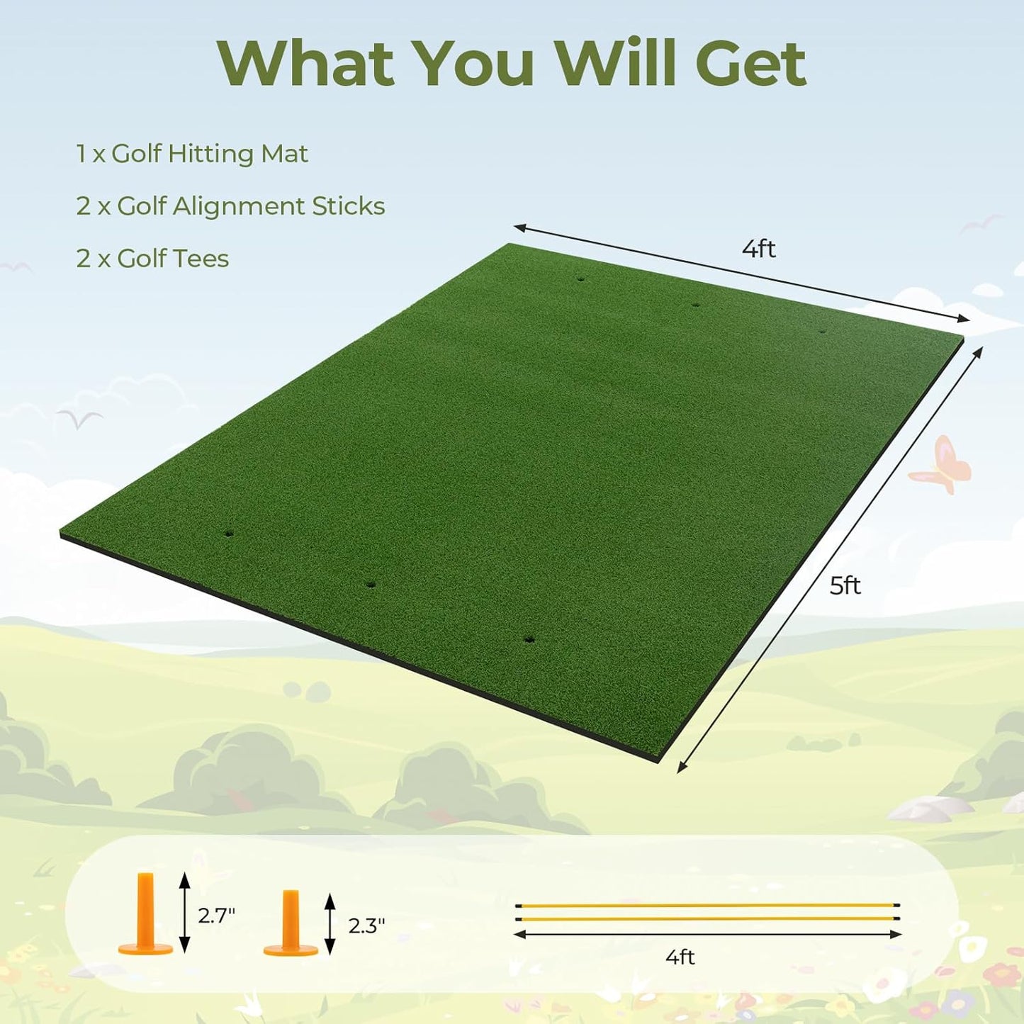 Goplus Golf Mat, 5x3ft/5x4ft Golf Hitting Mat 20/25/27/32mm Thick w/2 Alignment Sticks & 2 Golf Tees, Portable Artificial Turf Grass Training Mat Practice for Indoor Outdoor