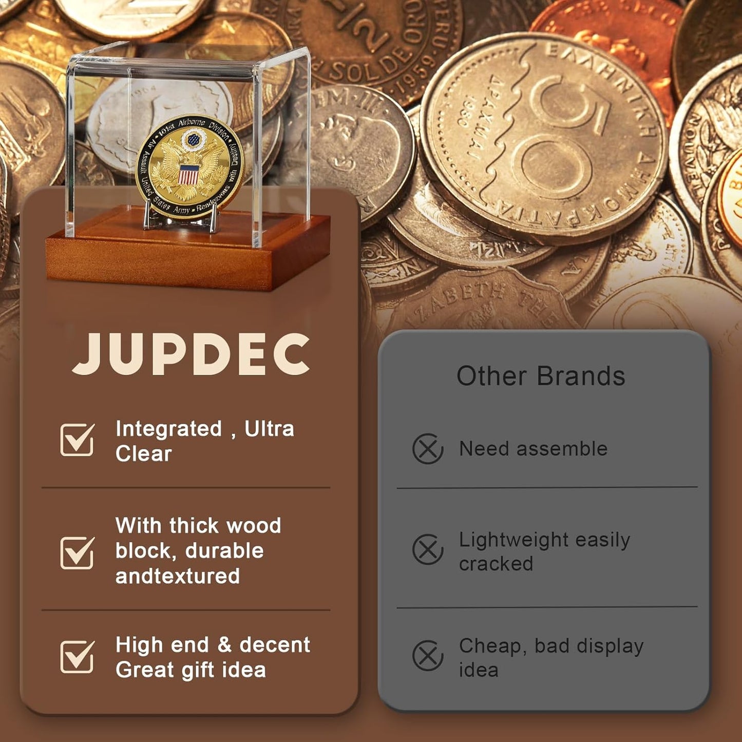 JupDec Coin Display Case, Clear Acrylic Showcase with Wood Base & Alloy Holder for Single Challenge Coin, UV Protection Souvenirs and Collectibles Box, Ideal Gift for Coin Fans, Brown