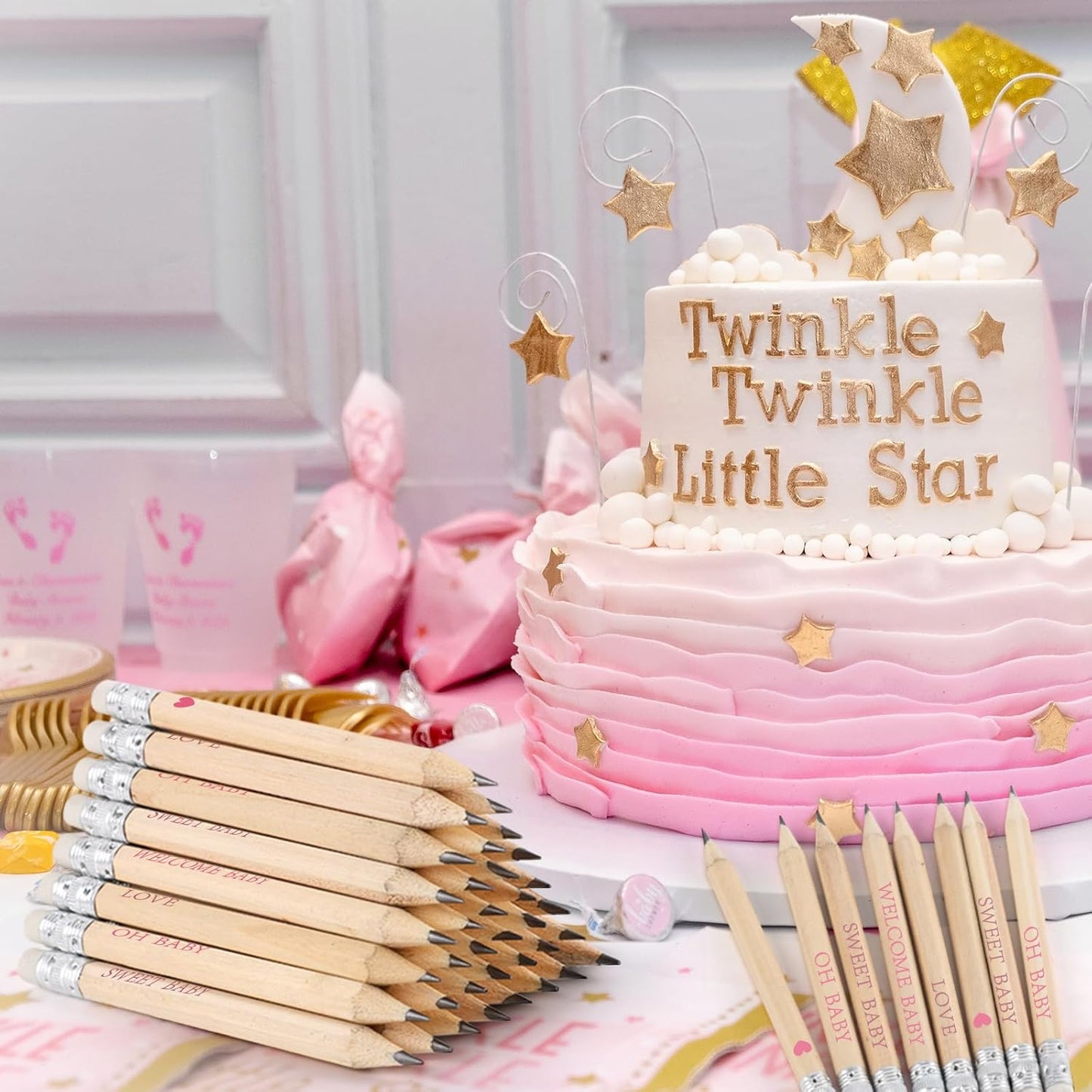 100 Sets Pink Baby Shower Pencils Gifts Bulk for Guest Golf Half Pencils Baby Shower Game Sharpened Mini Pencil with Eraser It's A Girl Gender Reveal Party Favors