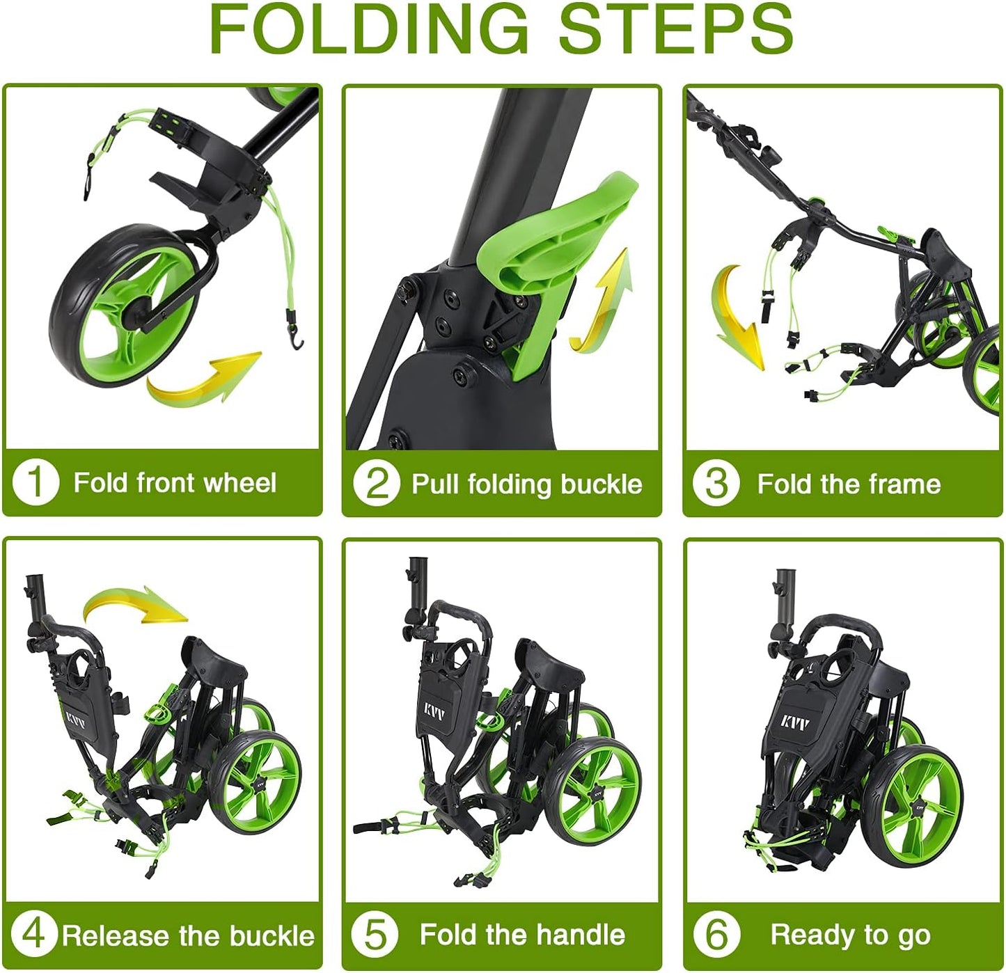 KVV 3 Wheel Golf Push Cart Ultra Lightweight Smallest Folding Size, New-Version Scorecard Holder