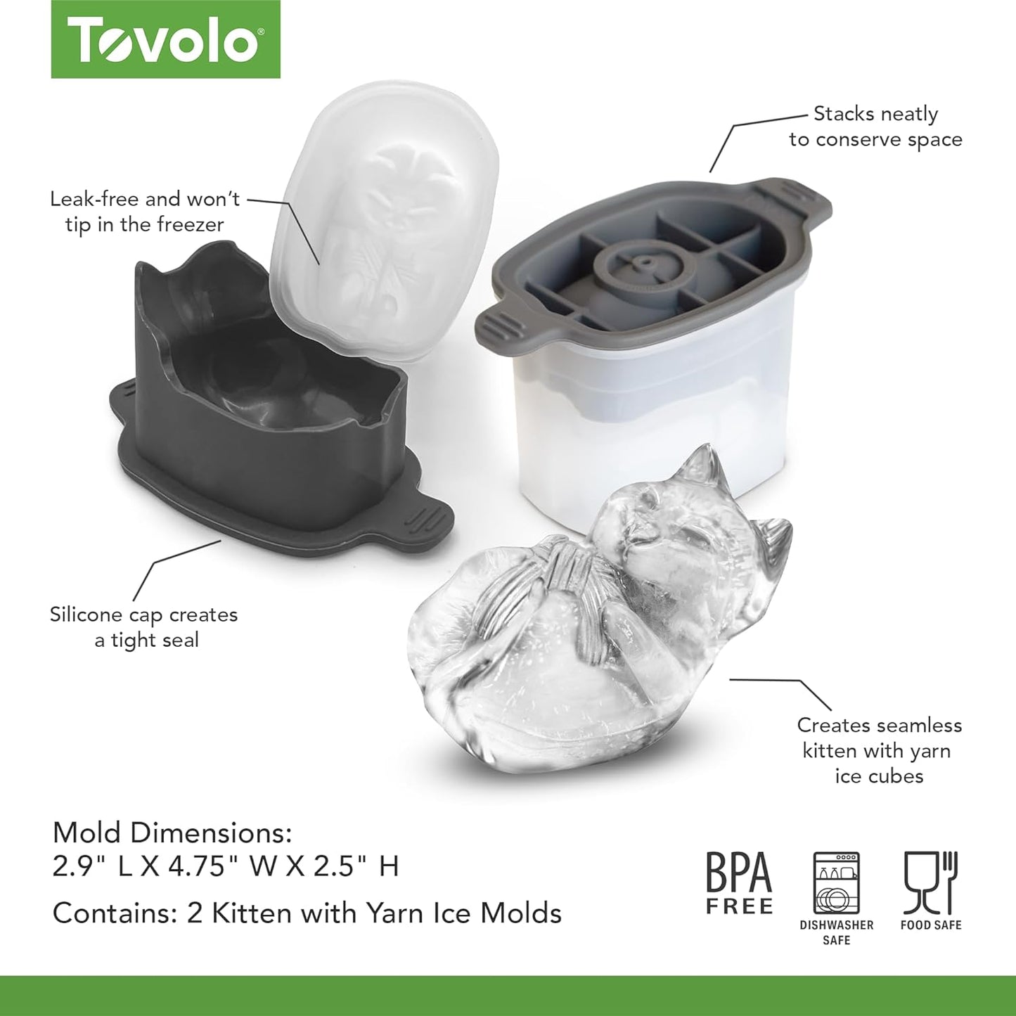 Tovolo Cat Ice Cube Mold with Yarn Pack of 2 Large Kitten Ice Molds for Whiskey Cocktails, Easy Fill No Leak Silicone Shaped Ice Cube Gifts for Cat Lovers Stackable Dishwasher Safe BPA Free