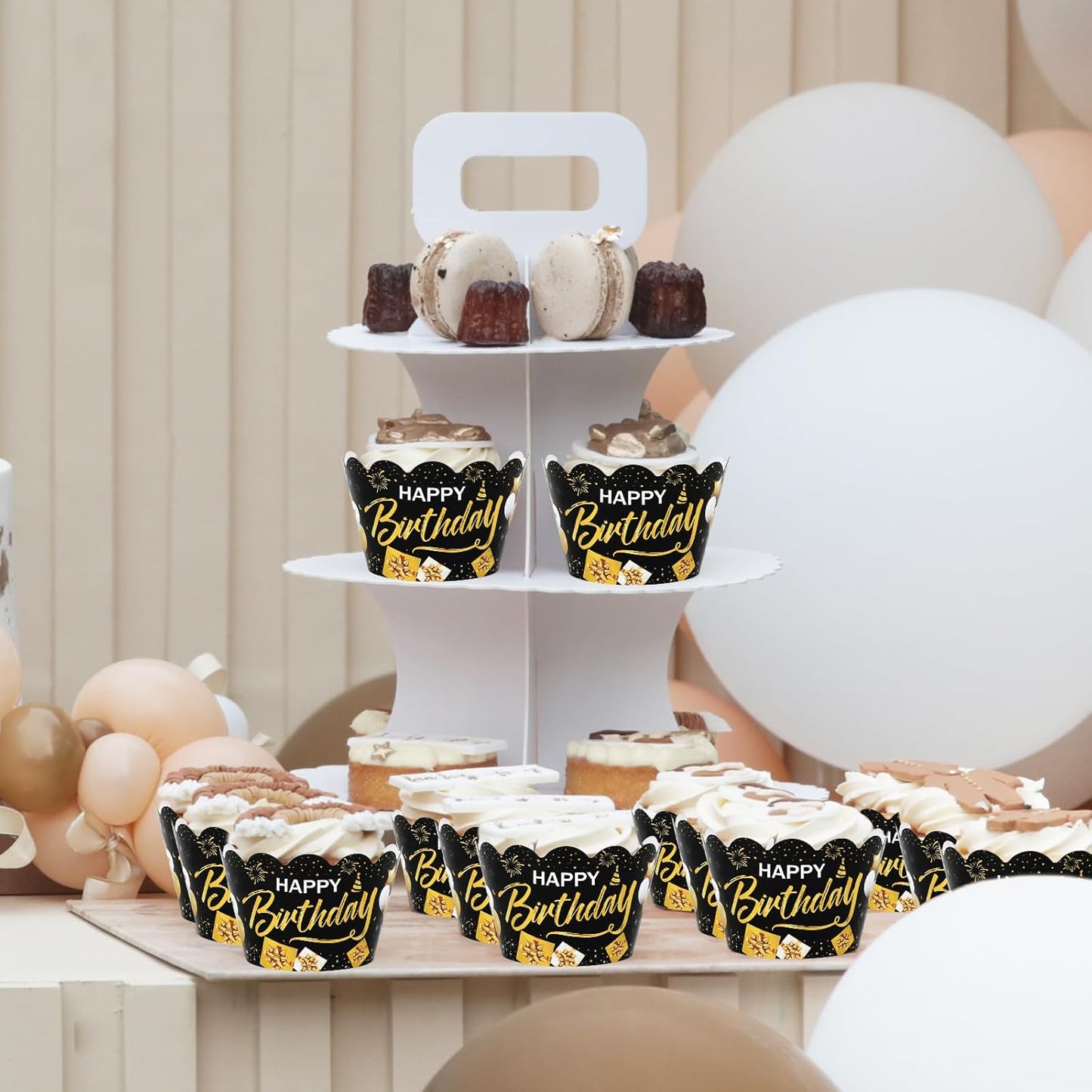 Whaline 36Pcs Happy Birthday Cupcake Wrappers Black Gold Birthday Cupcake Liners Decorative Cupcake Holders for Baby Shower Birthdays Party Cake Decoration