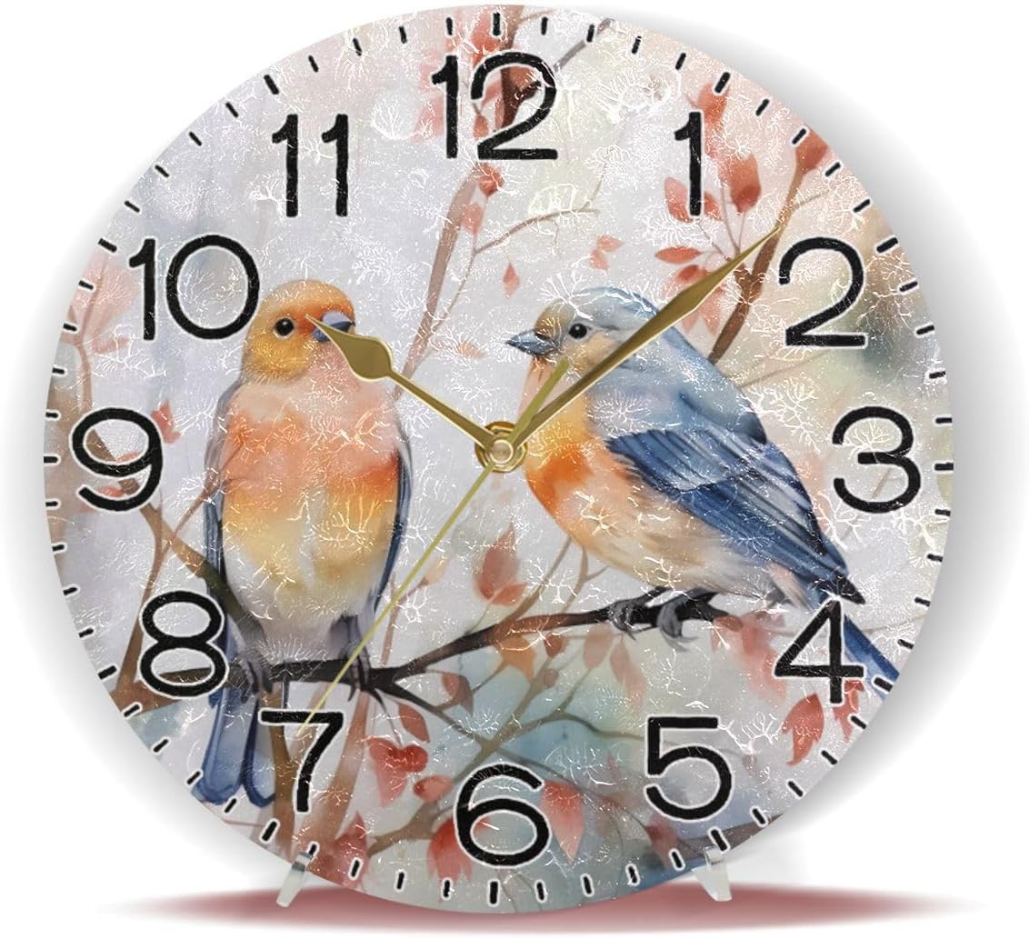 Birds on Branch Wall Clock Battery Operated Non Ticking Silent Quartz Analog Rustic Farmhouse Round Clock Retro Decor for Home Kitchen Living Room Bathroom