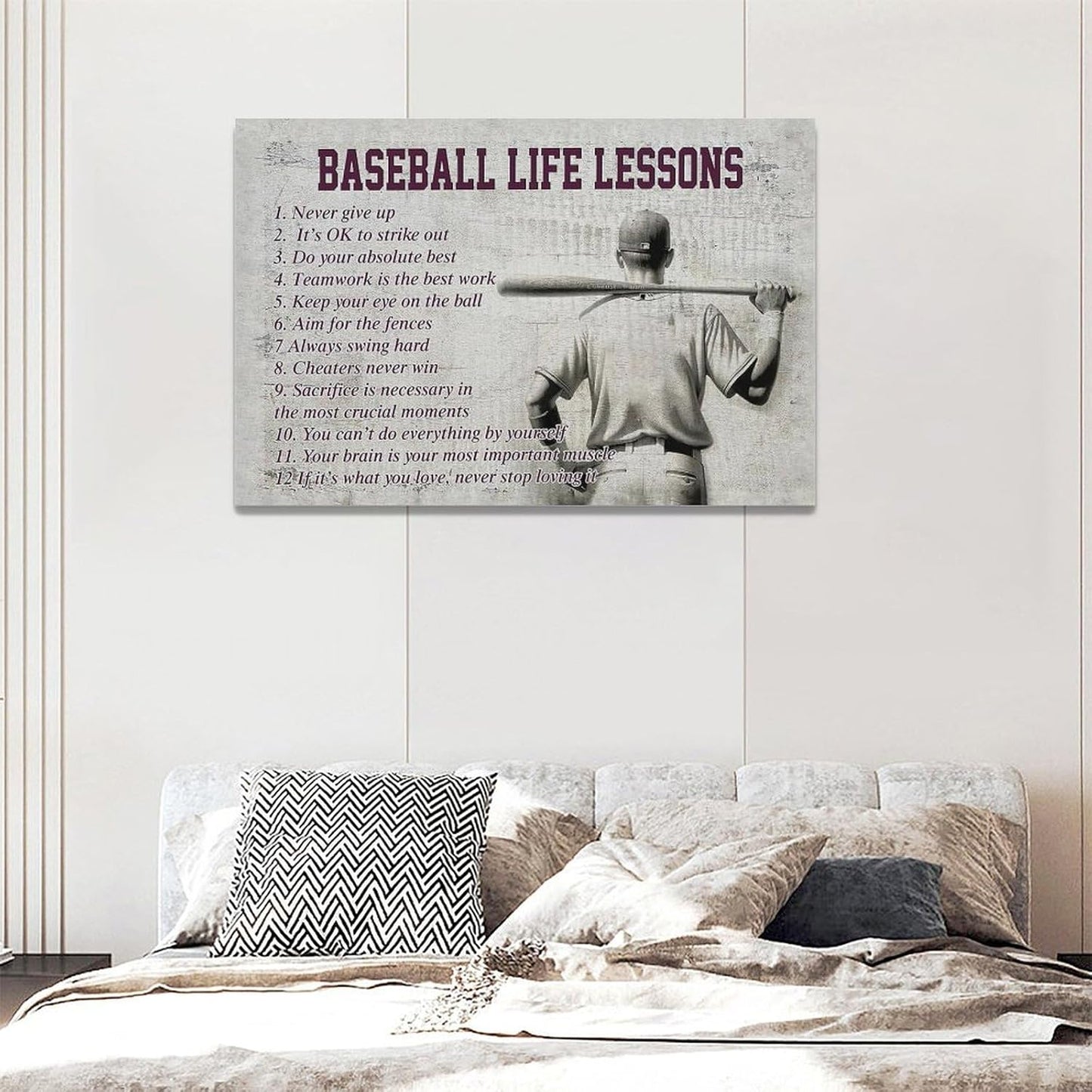 Baseball Sports Wall Art Baseball Life Lessons Wall Decor Baseball Sign Retro Poster Boy Men Motivational Decorations Canvas Print Painting Artwork for Bedroom Bathroom Living Room Gym 24"x16"