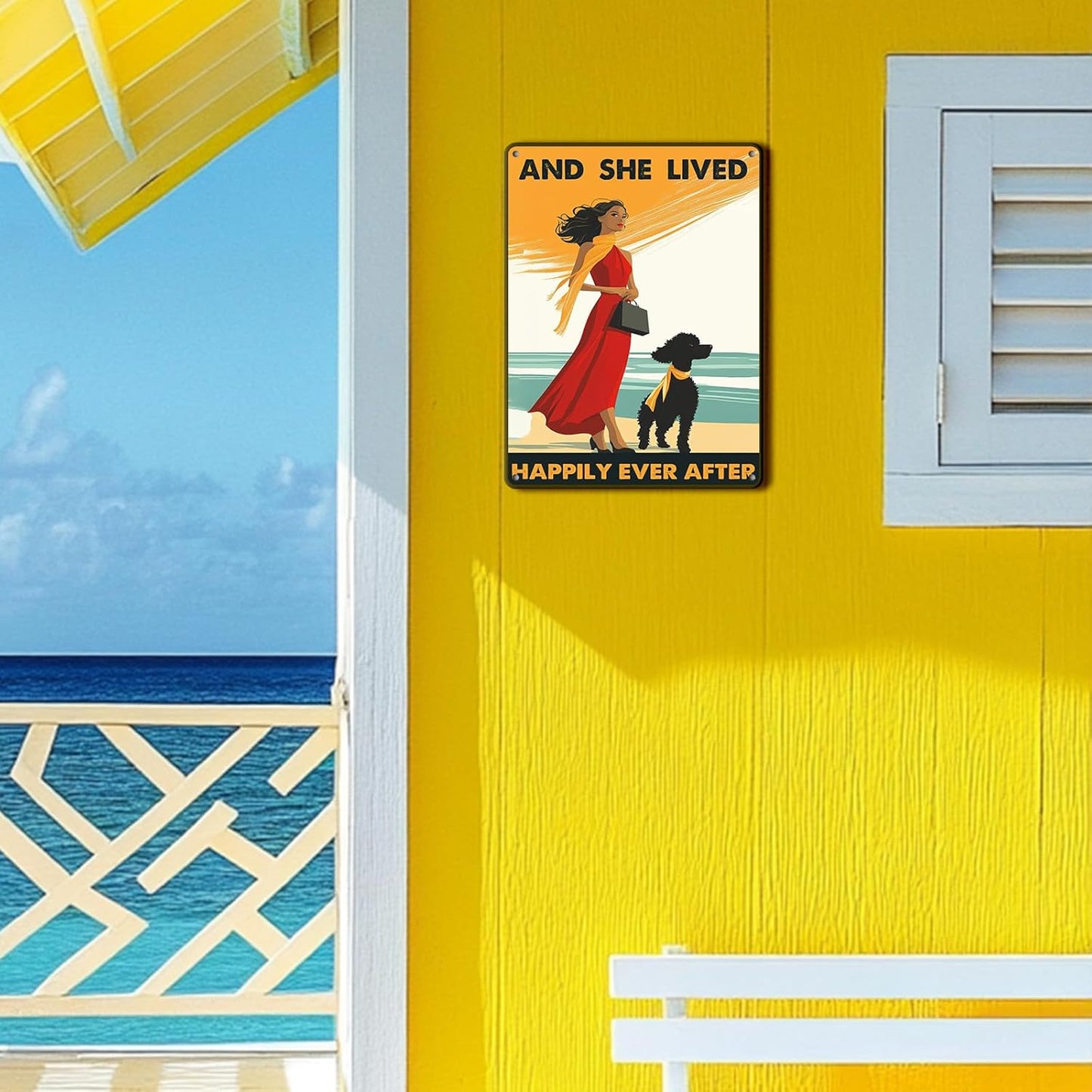 Vintage Tin Sign Metal Poster Plaque Poodle Girl and She Lived Happily Ever After Dog Metal Sign Iron Painting Retro Wall Decor Poster for Home Hotel Cafes 12x16 Inch