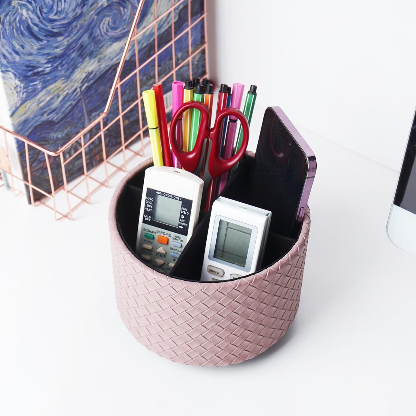 Hennaja Round Leather Art Supply Organizer,Remote Control Holder,360 Degree Spinning,Multi-Functional Pencil Holder,4 Compartments Desktop Stationary Organizer(1-Weave Purple)