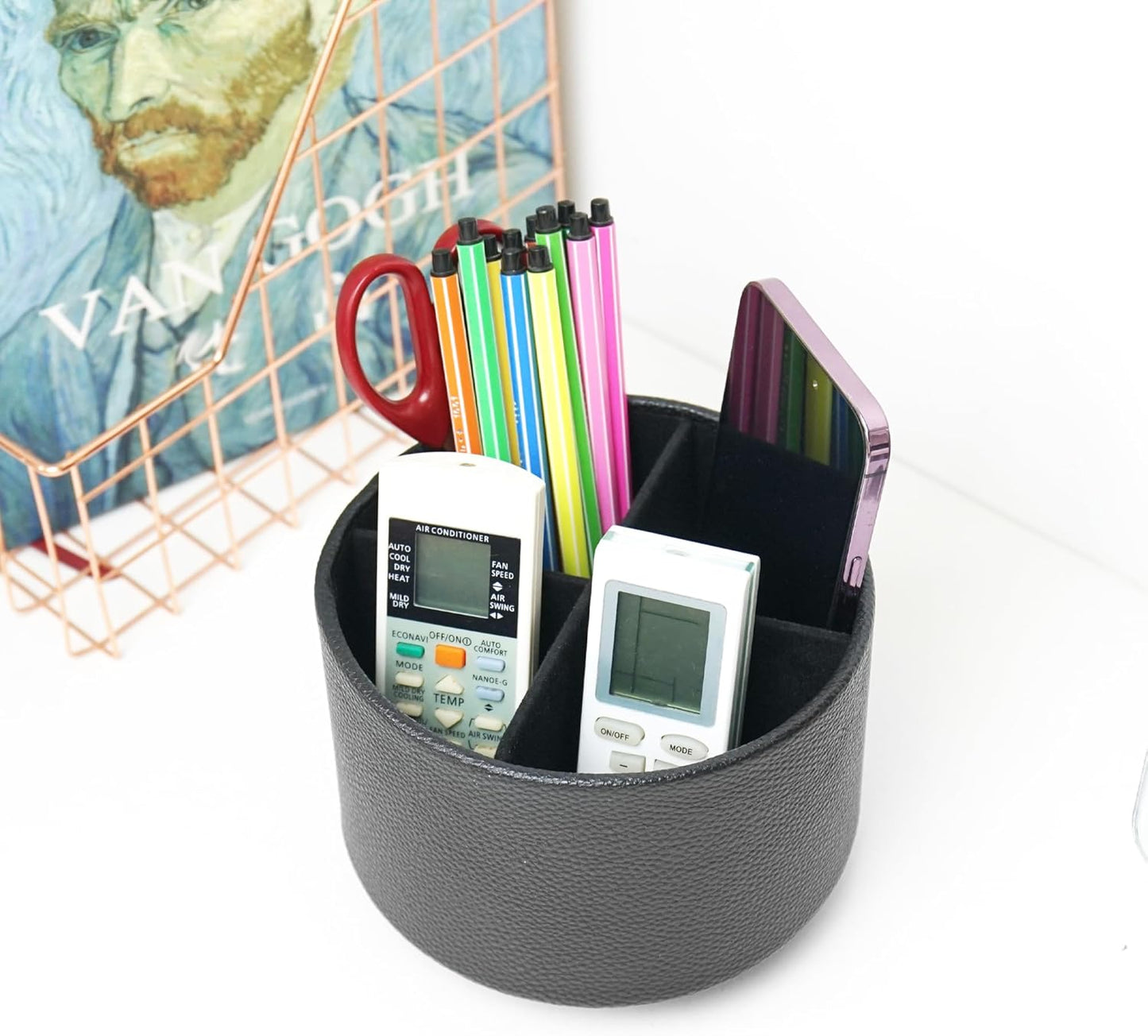 Hennaja Round Leather Art Supply Organizer,Remote Control Holder,360 Degree Spinning,Multi-Functional Pencil Holder,4 Compartments Desktop Stationary Organizer(1-Lichee Black)