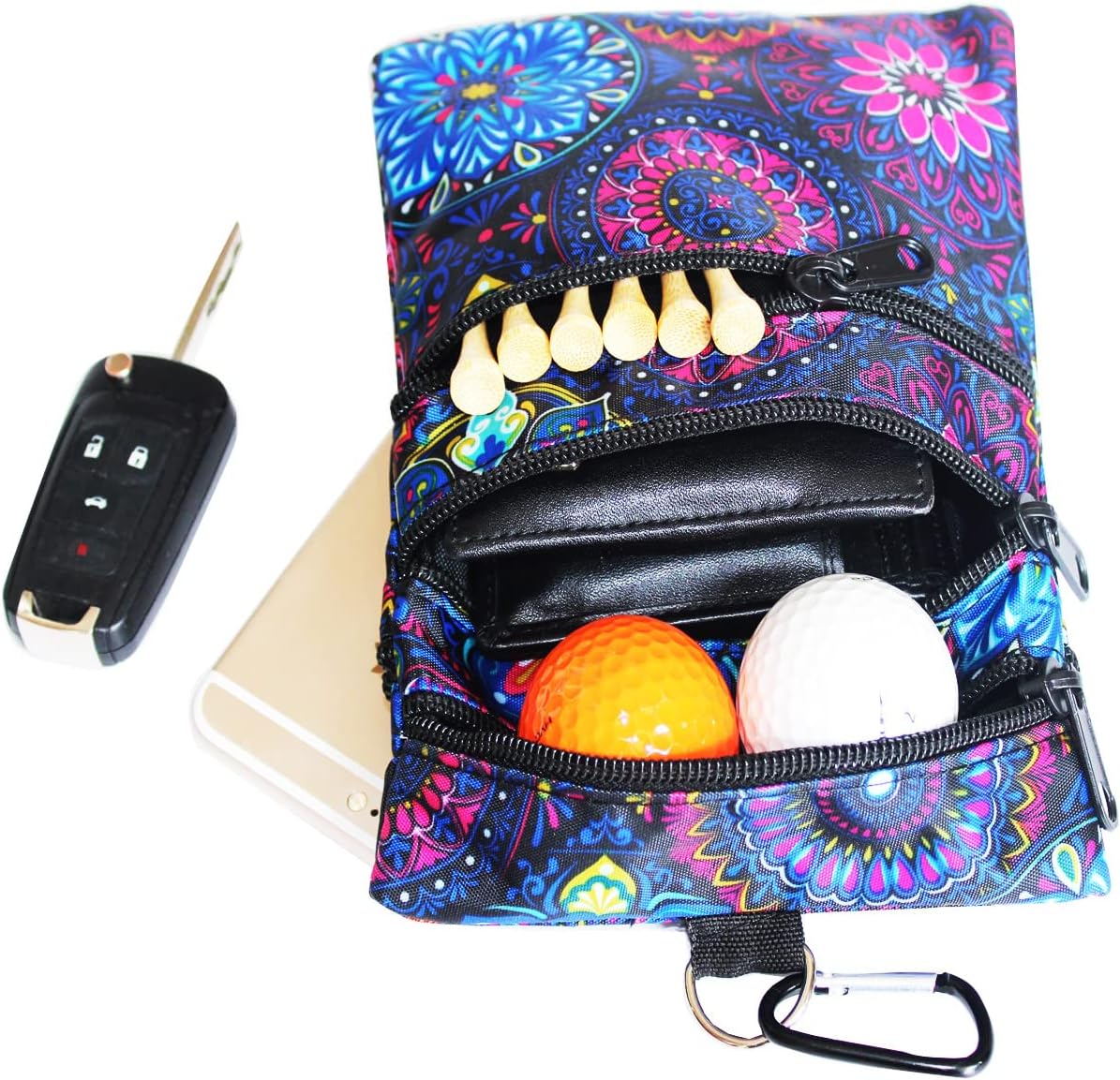 Golf valuables Pouch, Zipper Golf Ball Bag with 4 Pockets, Golf Accessories Pouch for Storing Balls,tees,Mobile Phone,Keys, Cards and Cash, Great Gift for Golfers