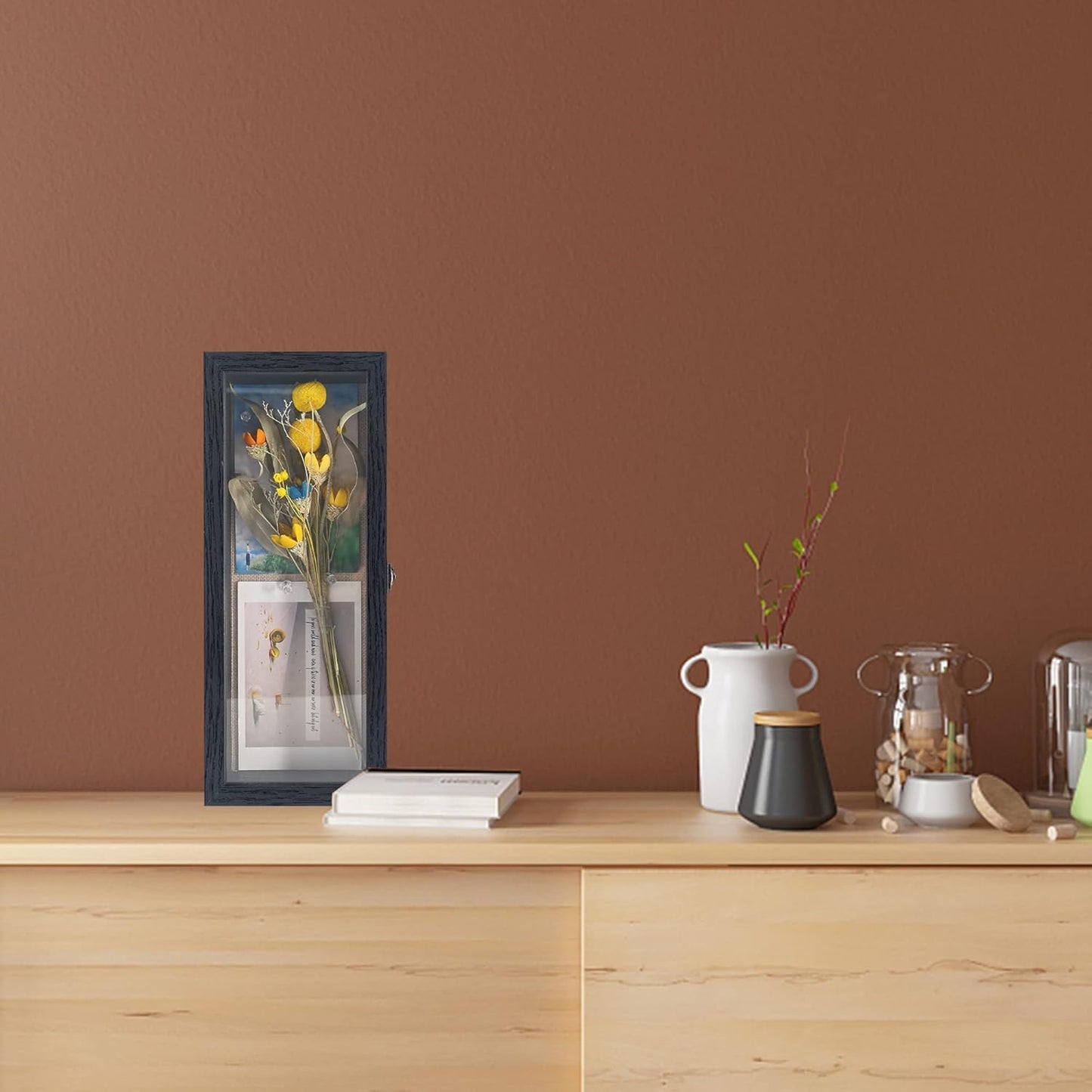 GraduatePro Shadow Box Frame 5x12.5 Display Case with Linen Back, Real Glass Window Door with Hinge, Picture Frame Wedding Bouquet Memorabilia Medals Photos Memory Box for Keepsakes, Rustic Black