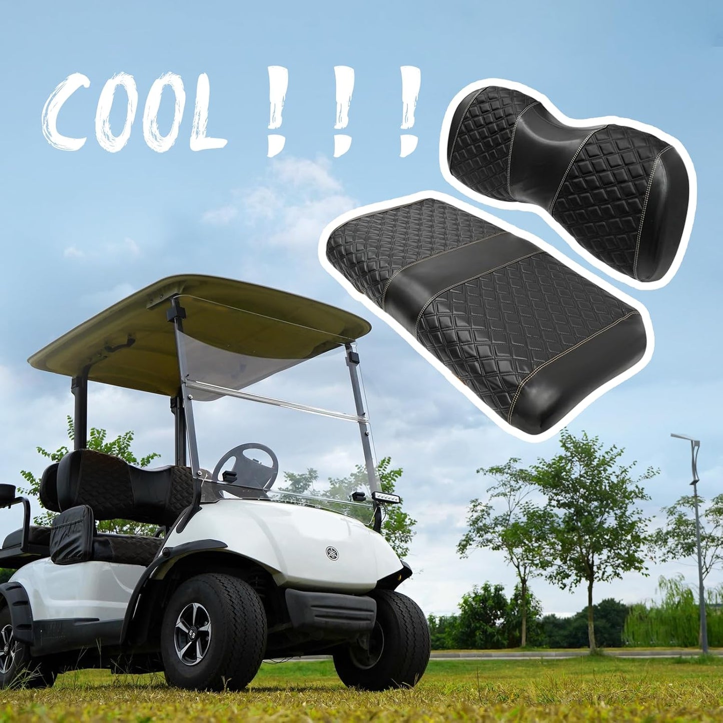 Golf Cart Front Seat Covers for Yamaha Drive 2007-2016/Drive 2 2017+ Front OEM Universal Seat Cushion, Marine Grade Vinyl Leather Seat Covers/Easy to Install-Black(2PCS)