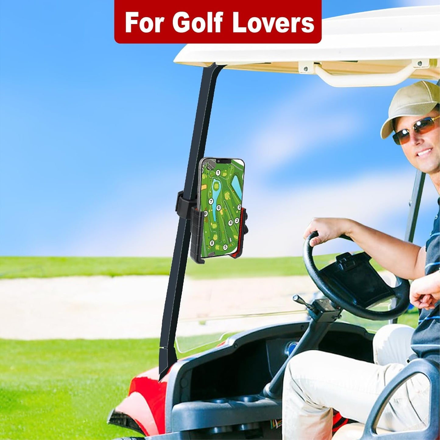 Golf Cart Phone Holder, Cell Phone Holder Mount Compatible with EZGO/Club Car/Yamaha, Universal Compatible with iPhone Galaxy Google Pixel, Golf Cart Accessories Fit for Smart Phones, Red