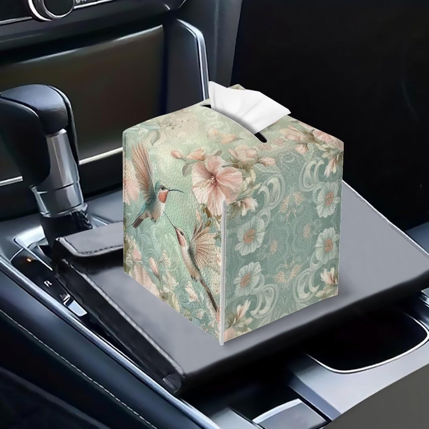 Square Tissue Box Cover PU Leather Tissue Box Holder 5x5x5 inch Waterproof Protective Cover for Modern Home Car Office Hotel Decor Hummingbird Pattern