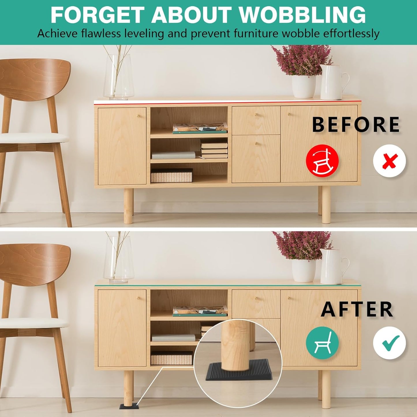 Furniture Leveler 24pcs Kit Size Variety | Multi-Purpose Rubber Shim for Leveling Feet Stable | Anti-Wobble Pad for Uneven Table, Dresser Leg, Toliet and More Furniture | Prevent from Wobbling