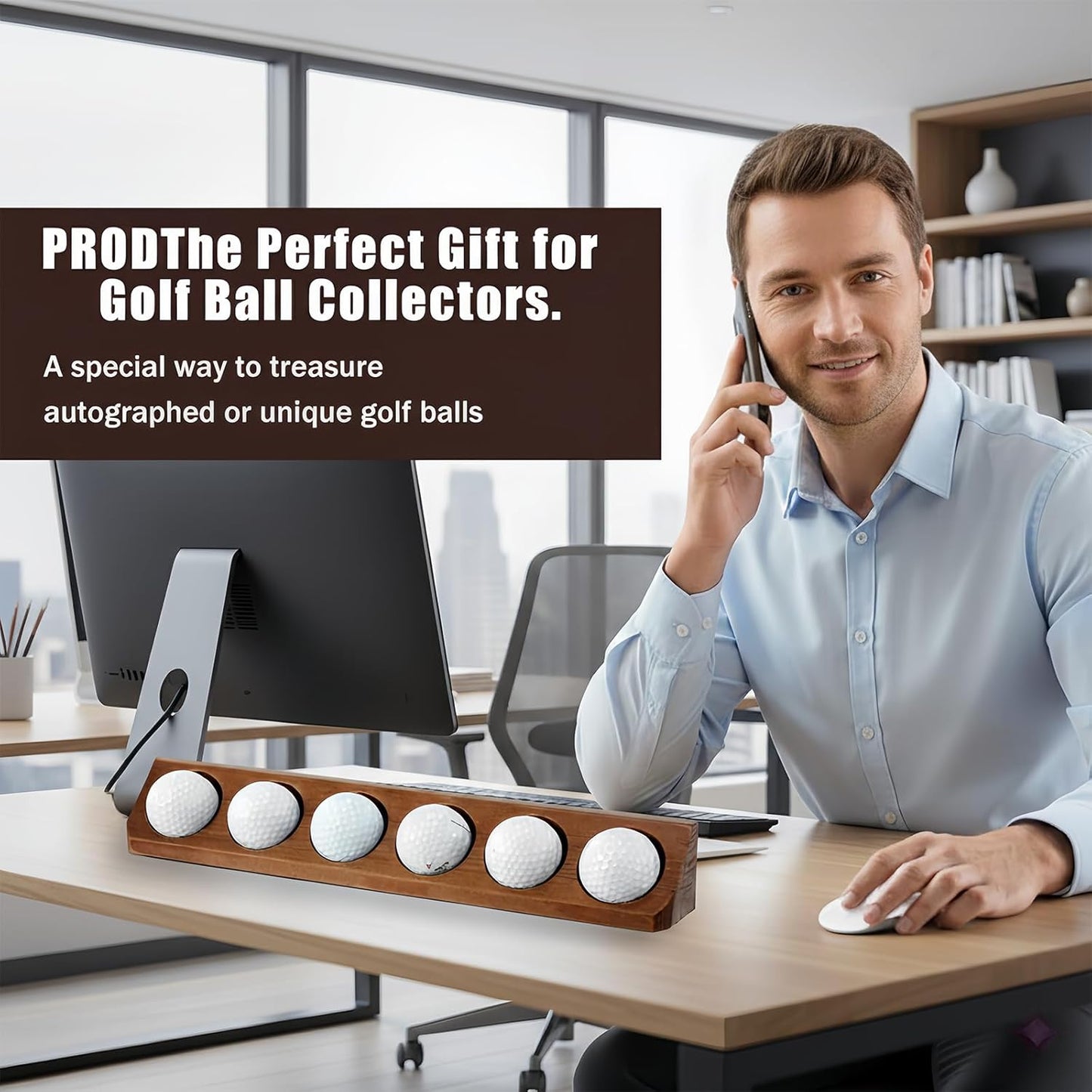 Wooden Golf Ball Display Case 1 Pack, Golf Ball Holder Display with Wall Mount & Tabletop Stand - Displays 6 Standard Size Golf Balls, Golf Accessories Gift for Men (Walnut Color)