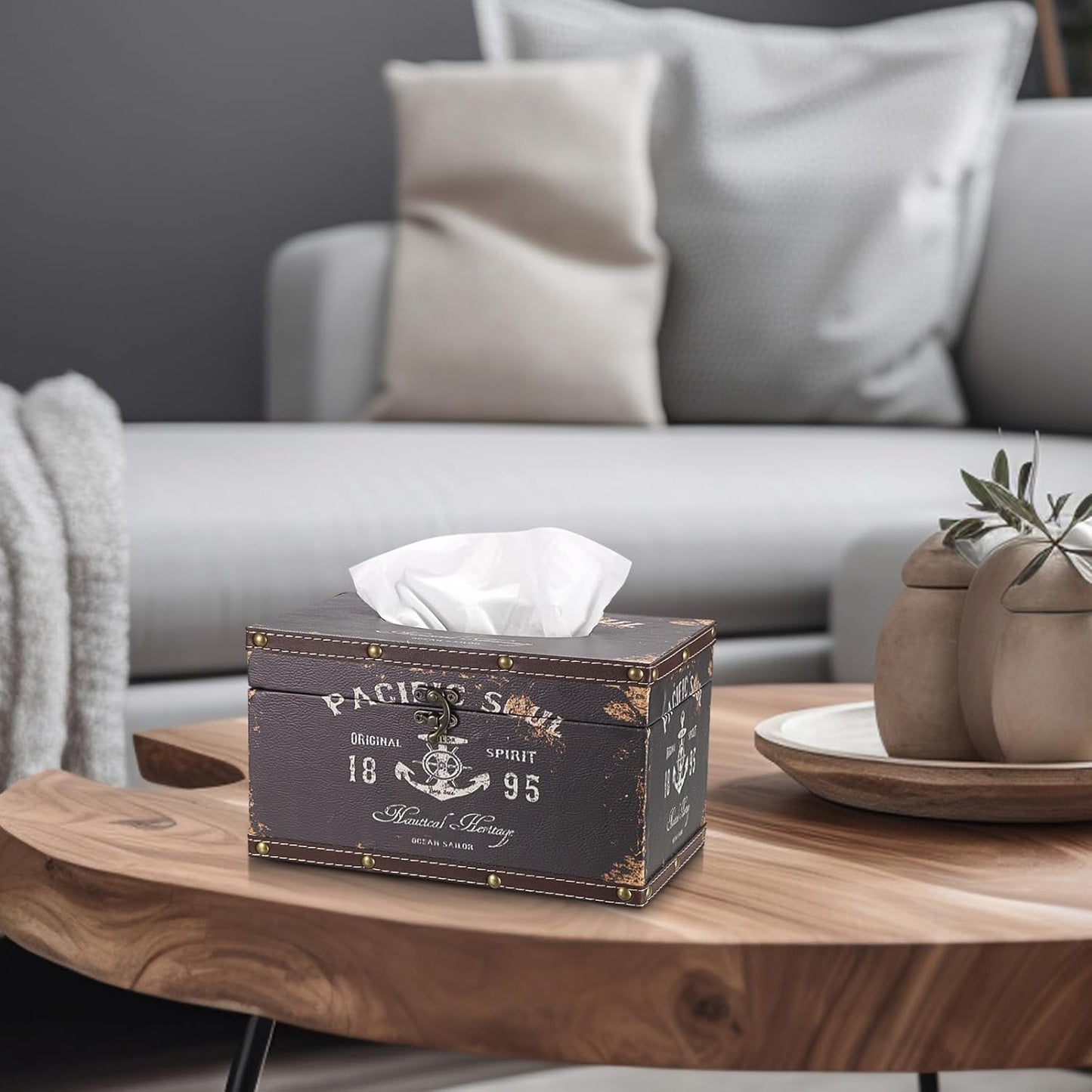 Sumnacon Tissue Box Cover Rectangle Wood Tissue Box with Hinged Lid, Vintage PU Tissue Box Holder Retro Brown Tissue Cover for Bathroom Toilet Bedroom Kitchen Office Table Desk, Large