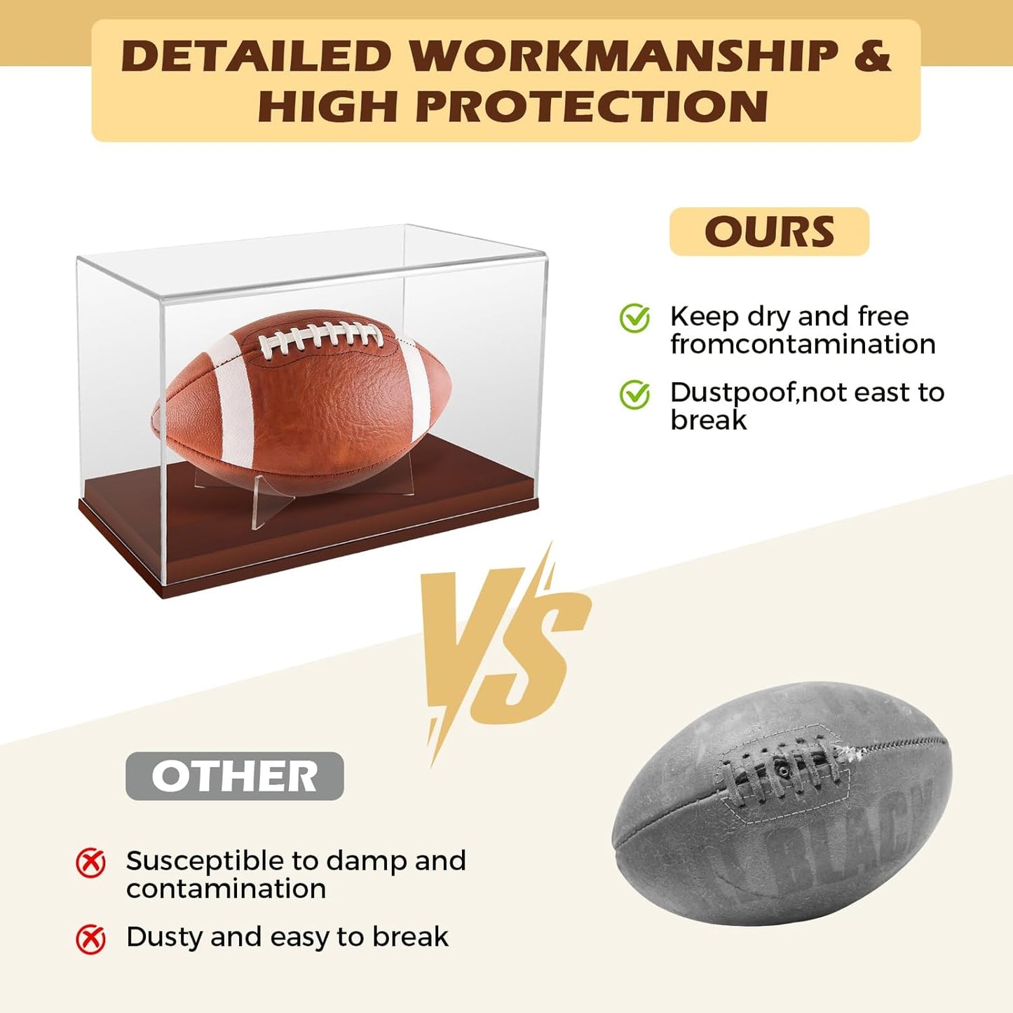 Full Size Football Display Case, Acrylic Football Case Display Case Autographed Football Holder, Acrylic Transparent Box with Wooden Support and Solid Wood Base