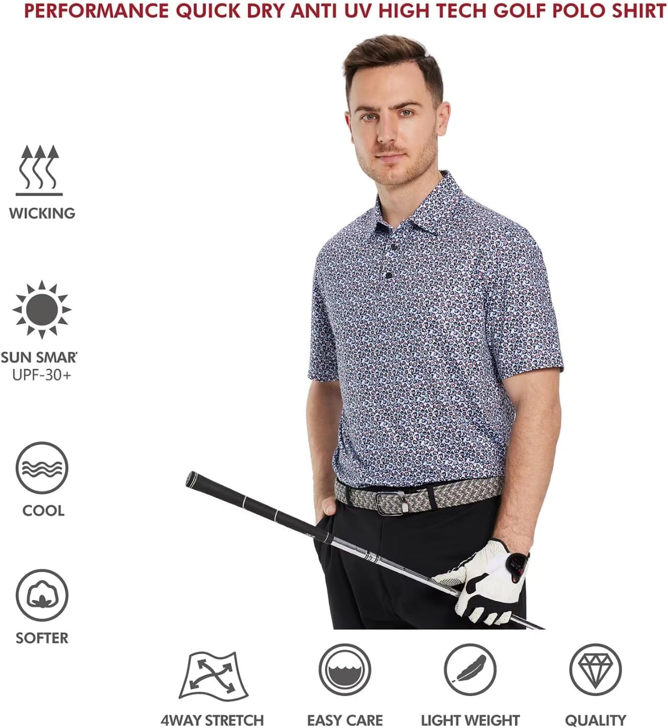 Golf Shirts for Men Dry Fit Short Sleeve Print Performance Moisture Wicking Polo Shirt