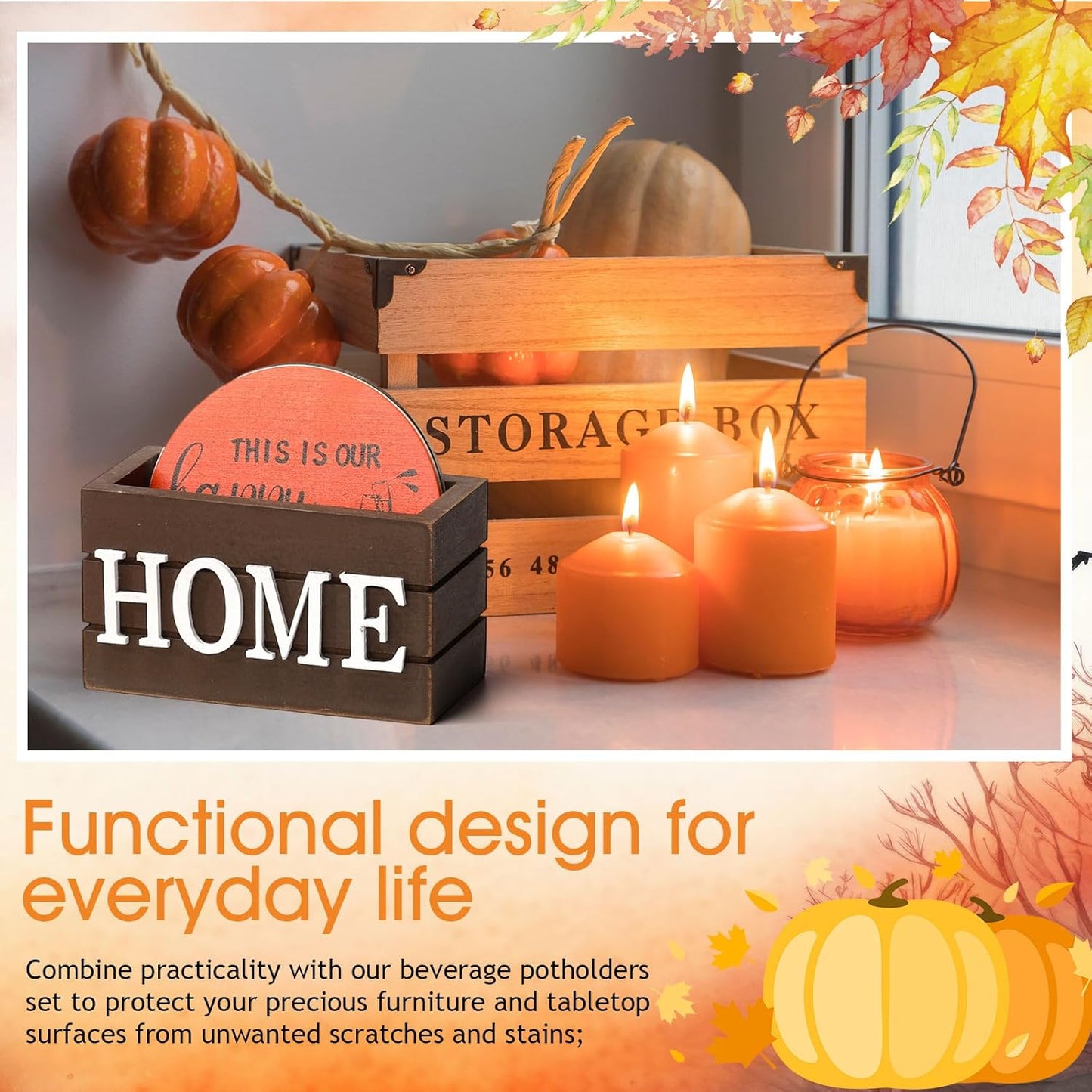 Queekay Housewarming Gifts for Home Decoration Wooden Heart Coasters for Drinks 6 Set Farmhouse Coasters with Holder Funny for Family Coffee Table Protection, 4''(Fall Color)