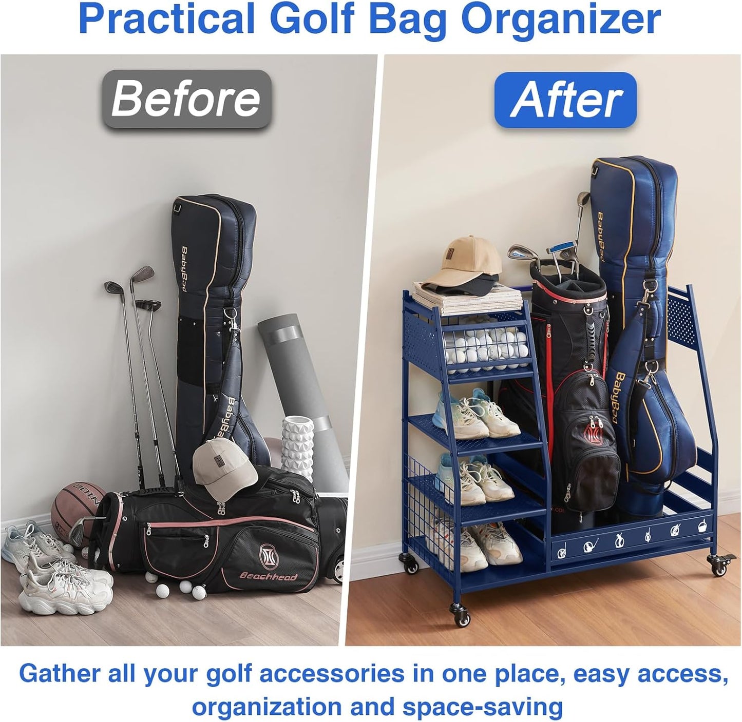 Lauren&Harold Golf Bag Organizer Garage Storage, Golf Storage Rack Stand Fits 2 Golf Bags, Golf Clubs and Other Golfing Equipment Accessories, Golf Organizer for Garage, Club, Shed, Basement