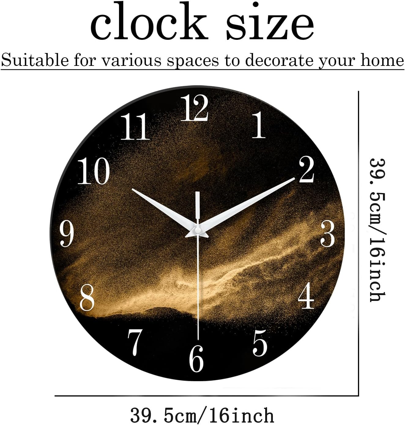Black and Glod Wall Clocks for Living Room Decor Glass Wall Clock Battery Operated 16 Inch Silent Wall Clock Non Ticking