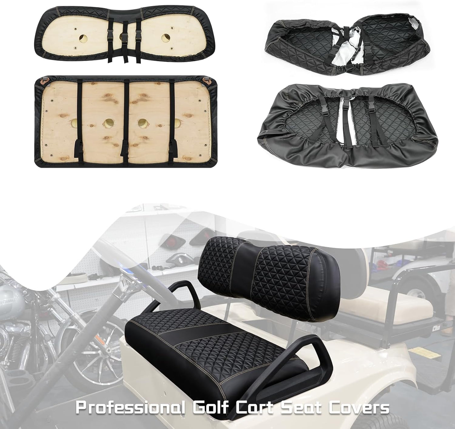 XUANYUDG0769 Golf Cart Front and Rear Seat Covers for EZGO TXT/RXV Club Car DS/Precedent Yamaha G29, Vinyl Leather Made/Adjustable Straps and Retractable Buckle/No Stapler Required,4PCS