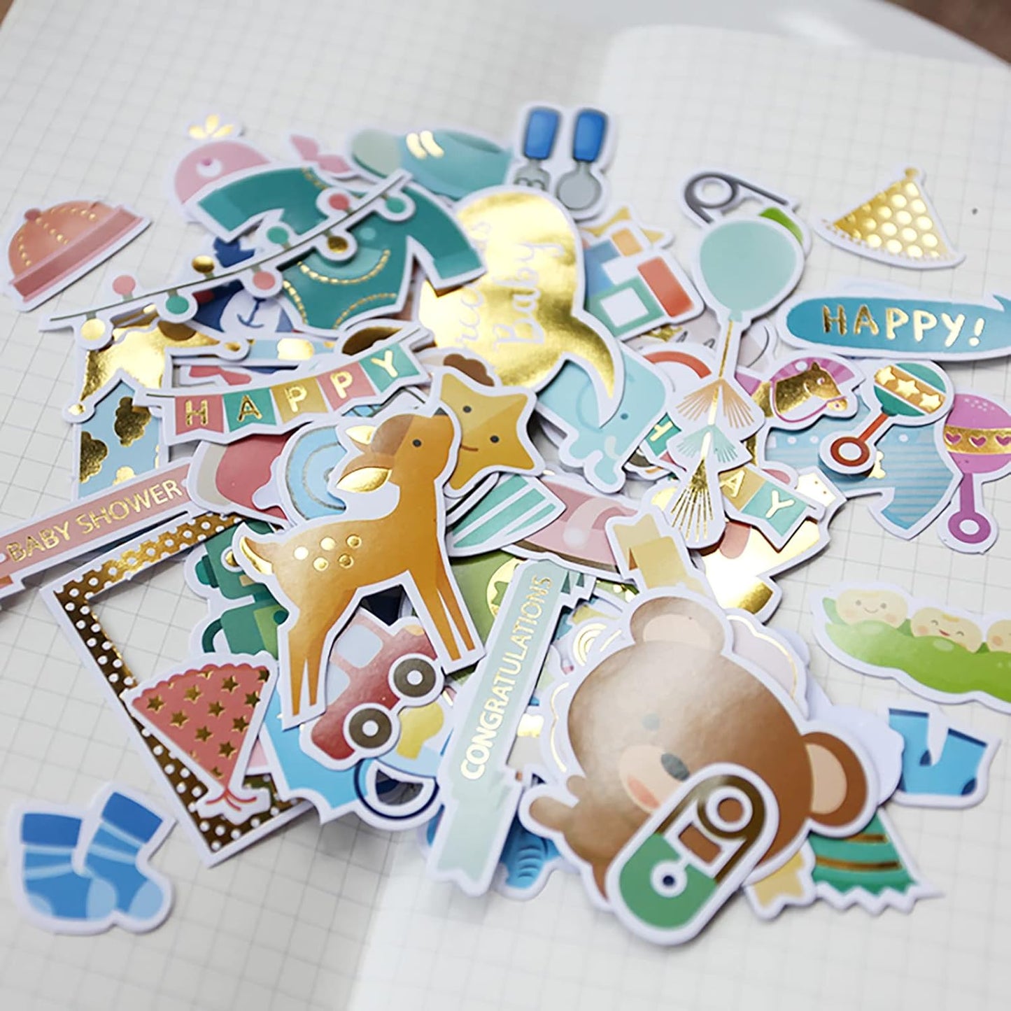 Doraking 73PCS Baby Loves Foil Gold Decorative Stickers for Scrapbook Journals Birthday Party Invitation Cards Kids Gift Wrap Stickers, Doraking No-Repeat Cute Cartoon Stickers (Baby)