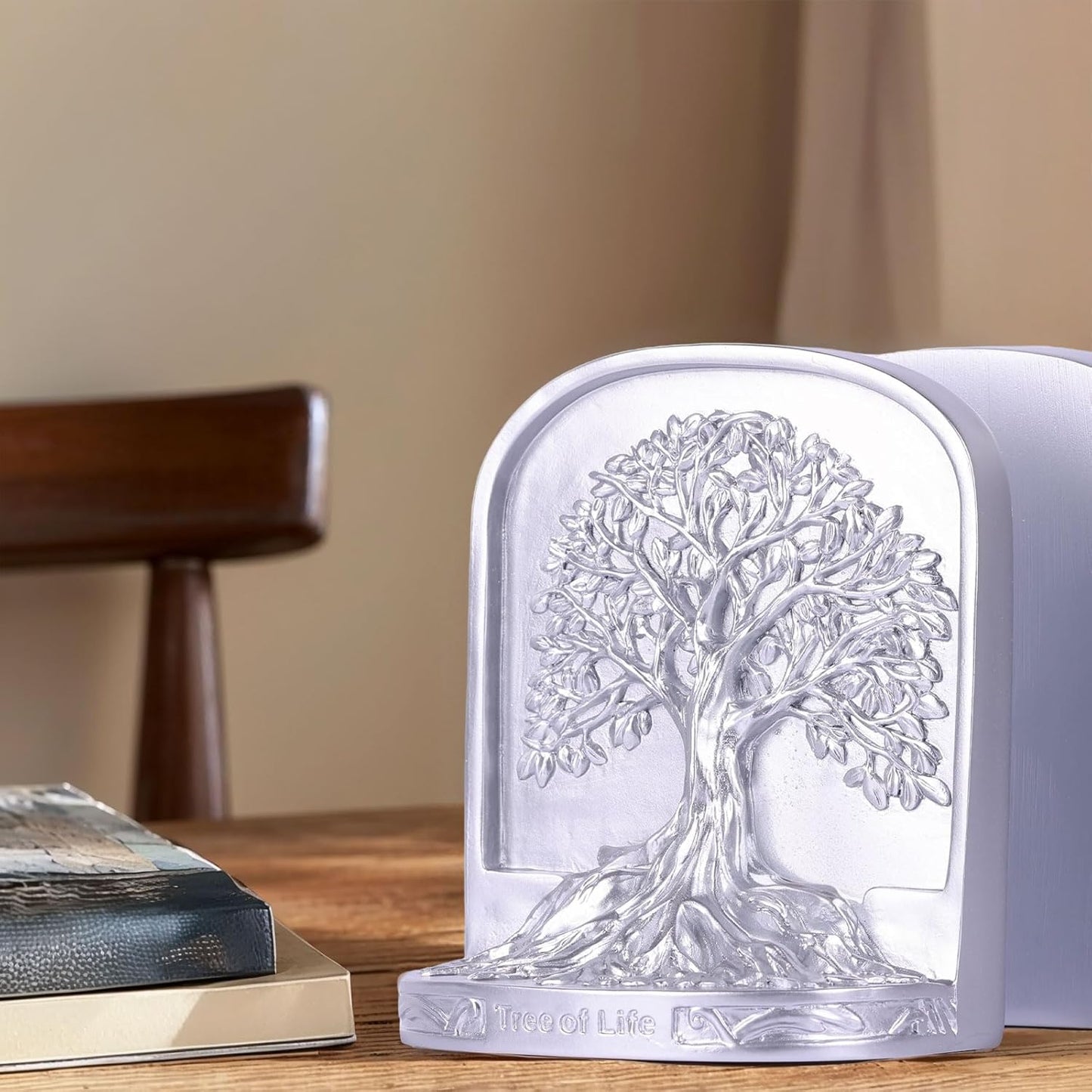Silver Tree of Life Bookends Set, 2 Decorative Bookends for Shelves or Bookcase, Non-Skid Heavy Bookends for Desktop Shelf Decor, Library Office Decor, Home Décor Gift