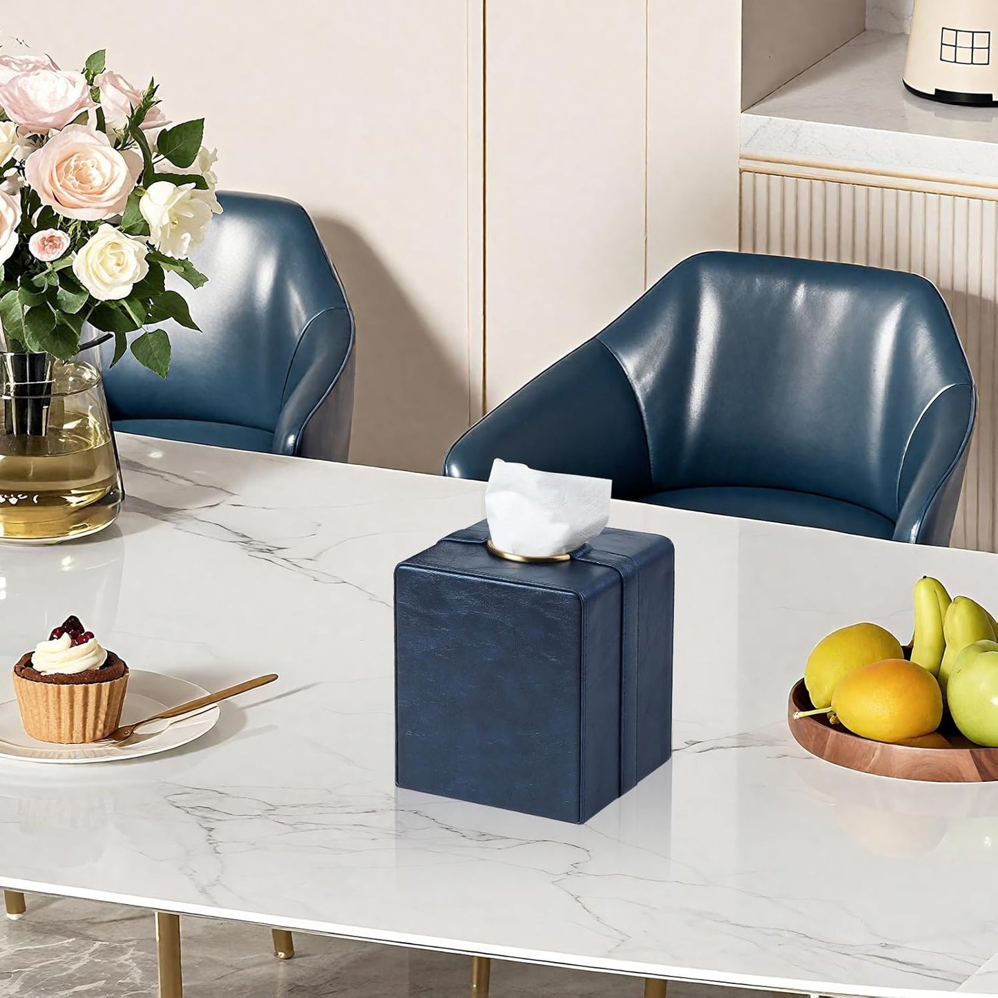 Luxury Square Tissue Box Cover, PU Leather Tissue Box Holder with Magnetic Closure and Gold Decorative Grommets for Bathroom Bedroom, Decorative Elegant Cube Tissue Holder (Blue)