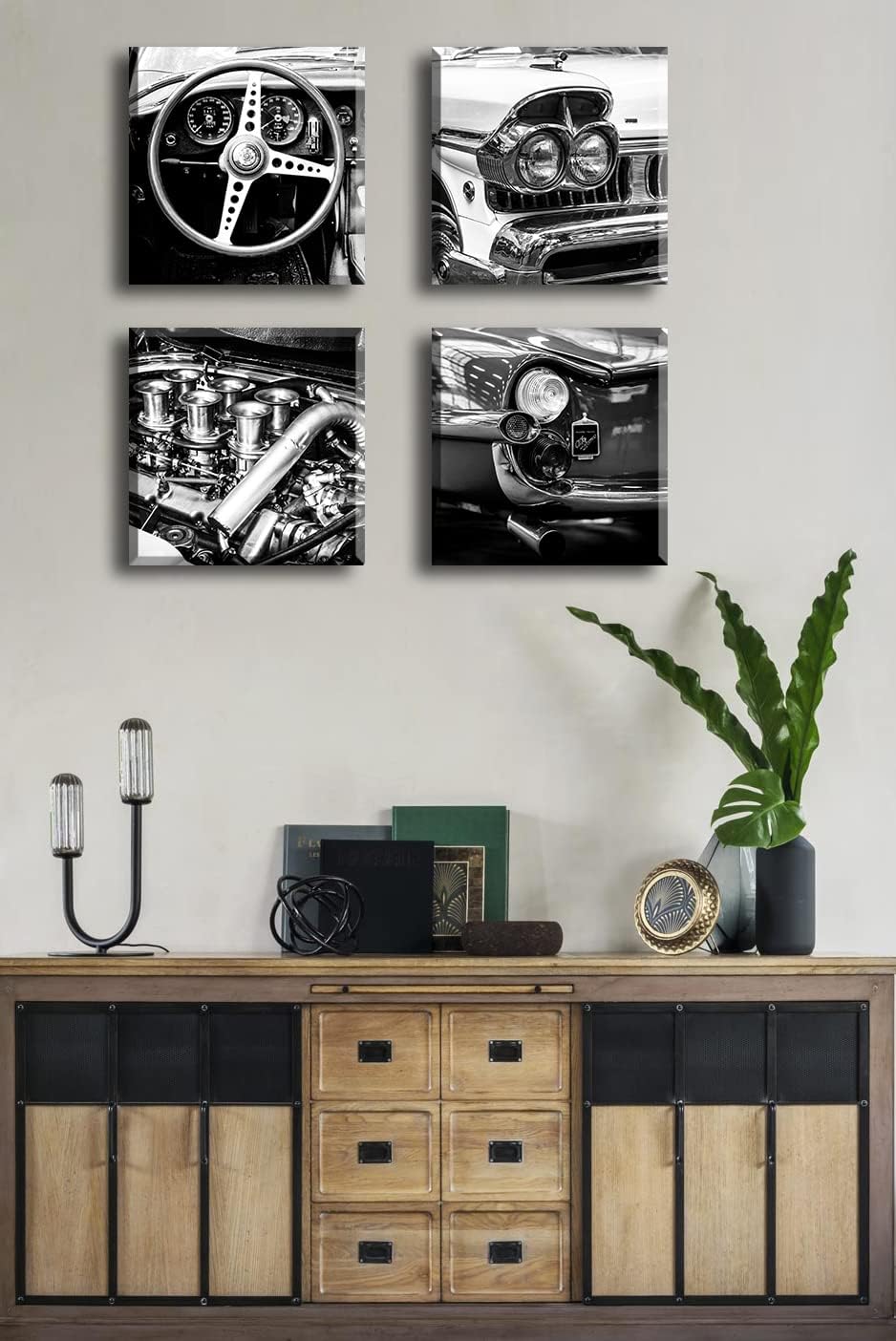 DJSYLIFE Black and White Wall Art Vintage Car Posters Decor Mens Bedroom Boys Room Office Paintings Canvas Pictures Framed Ready to Hang 12" W×12" H×4 PCS