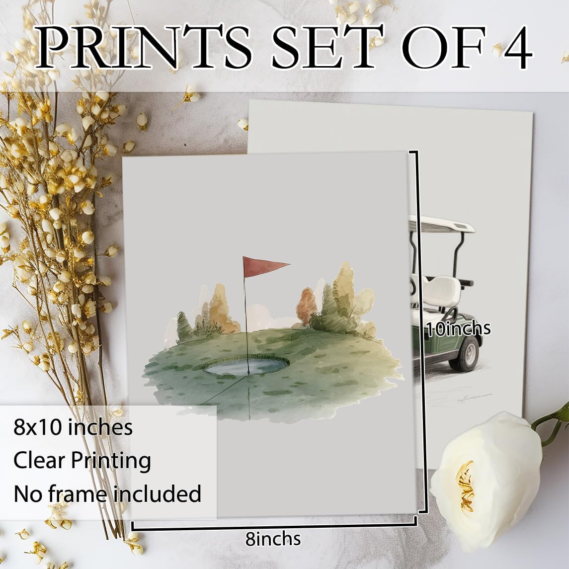 laveliabel Golf Wall Art Prints Set of 4 Unframed, Golf Pictures Wall Decor, GolfGifts for Men, Vintage Retro GolfCart GolfClub Poster Prints for Home Room GolfOffice WallDecor 8x10inches