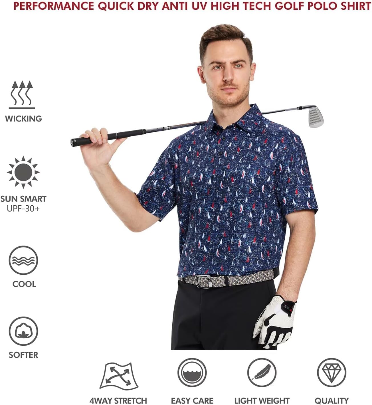 Golf Shirts for Men Dry Fit Short Sleeve Print Performance Moisture Wicking Polo Shirt