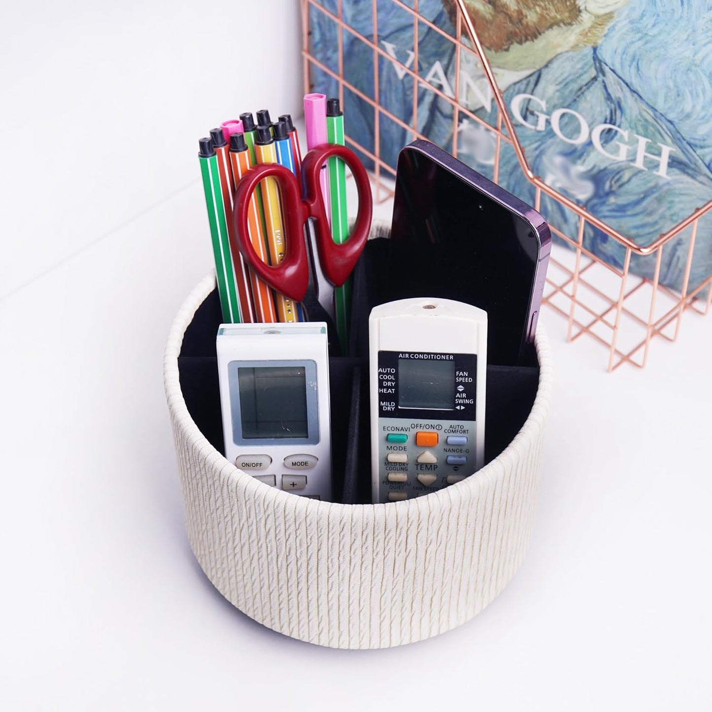 Hennaja Round Leather Art Supply Organizer,Remote Control Holder,360 Degree Spinning,Multi-Functional Pencil Holder,4 Compartments Desktop Stationary Organizer(1-Wood Beige)