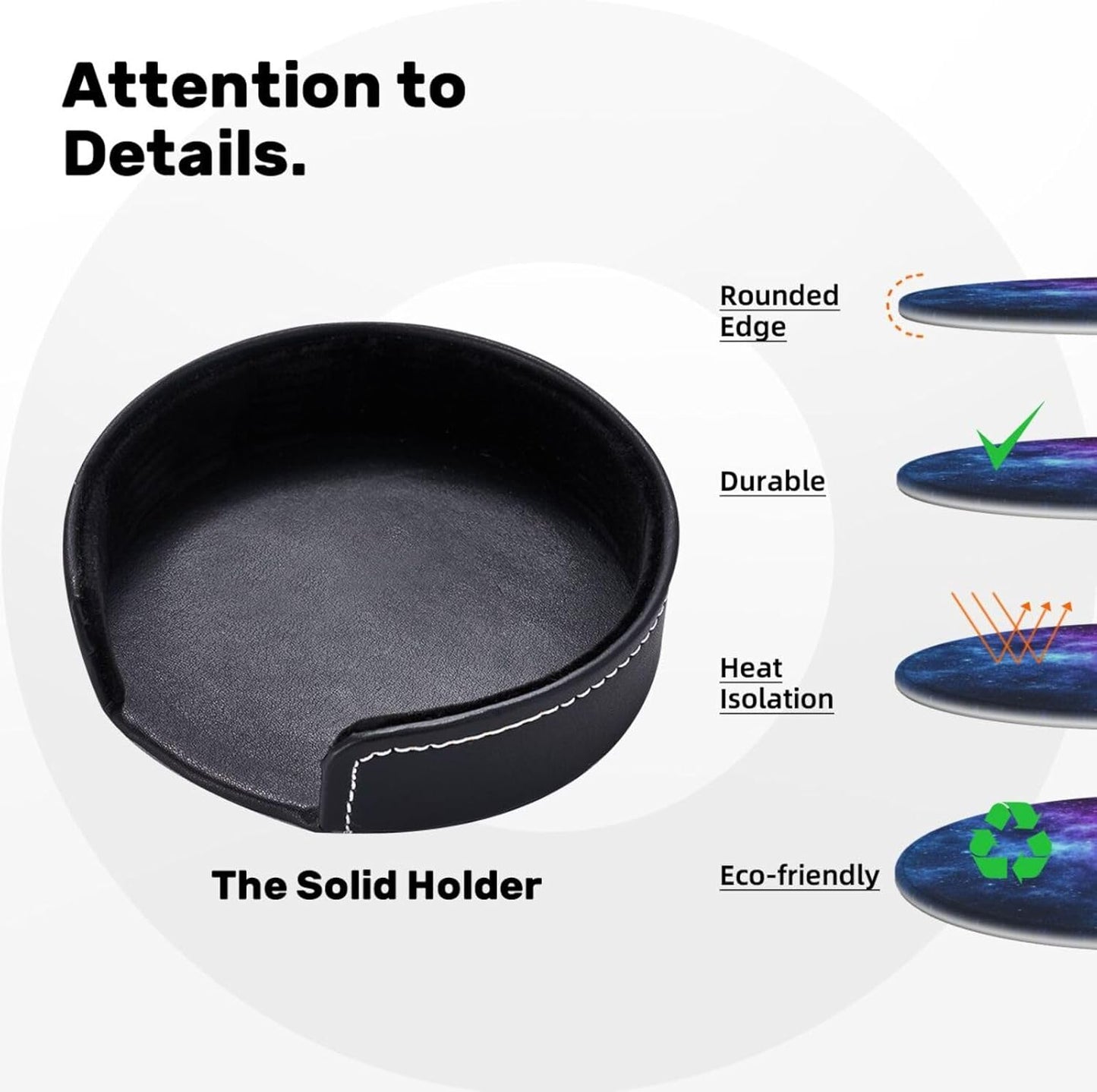 Cool Space Galaxy Blue Purple Planet Star Coasters for Drinks Round Leather Coaster with Holder Set of 6 for Tabletop Protection Desk Accessories Office Home Room Decor