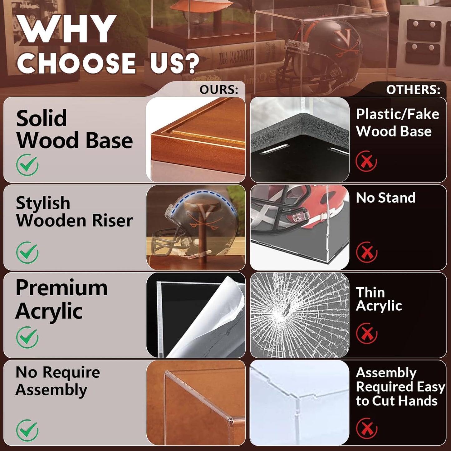 JupDec Mini Helmet Display Case, Acrylic Clear 1/2 Football Baseball Helmet Showcase, UV Protection Souvenirs and Collectibles Box with Solid Wood Base & Riser, Ideal Gift for Sports Enthusiast