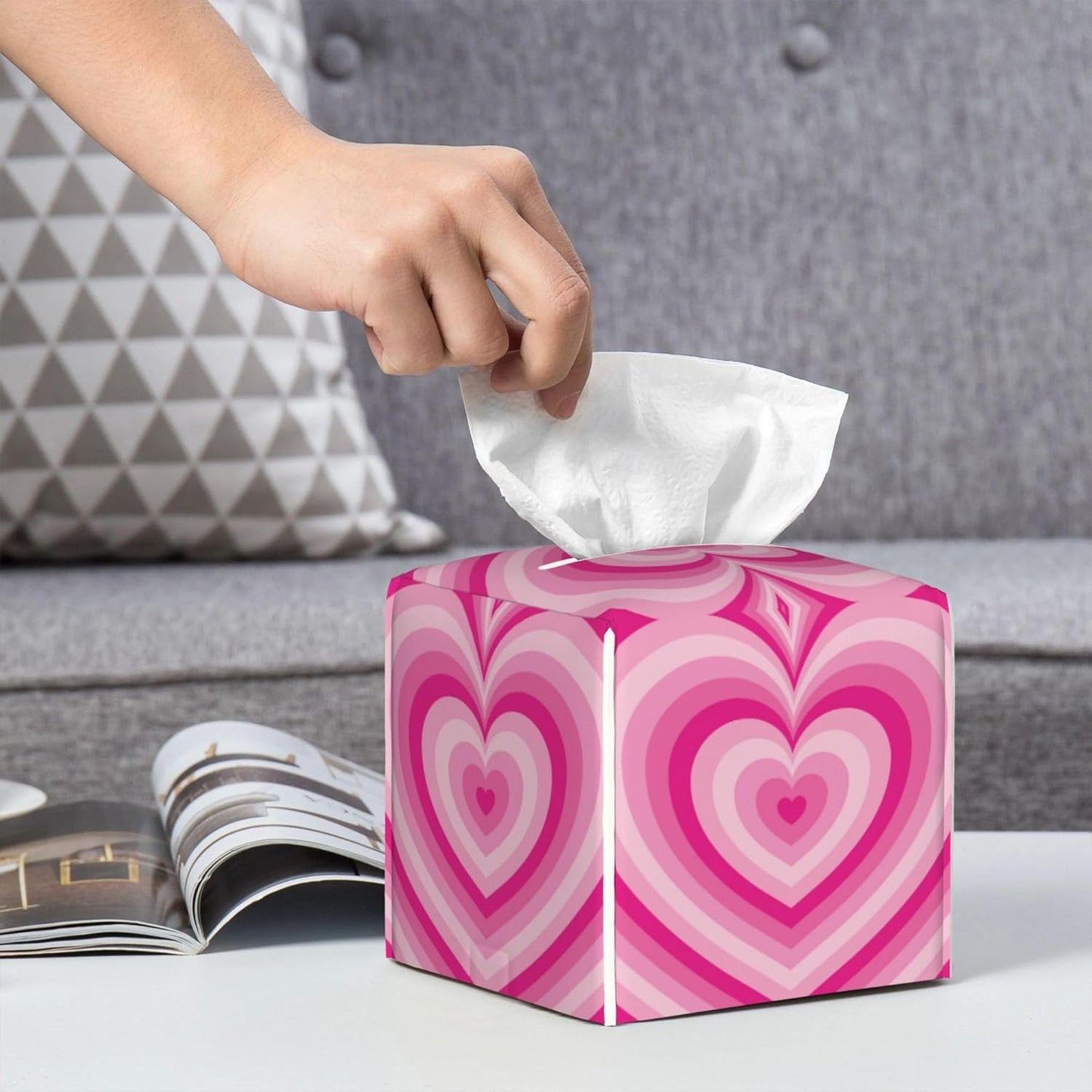 Tissue Box Holder Pink Heart Tissue Box Cover Square Leather Tissue Holder Organizer Portable Decorative Facial Paper Case for Home Office Bathroom Vanity Countertop