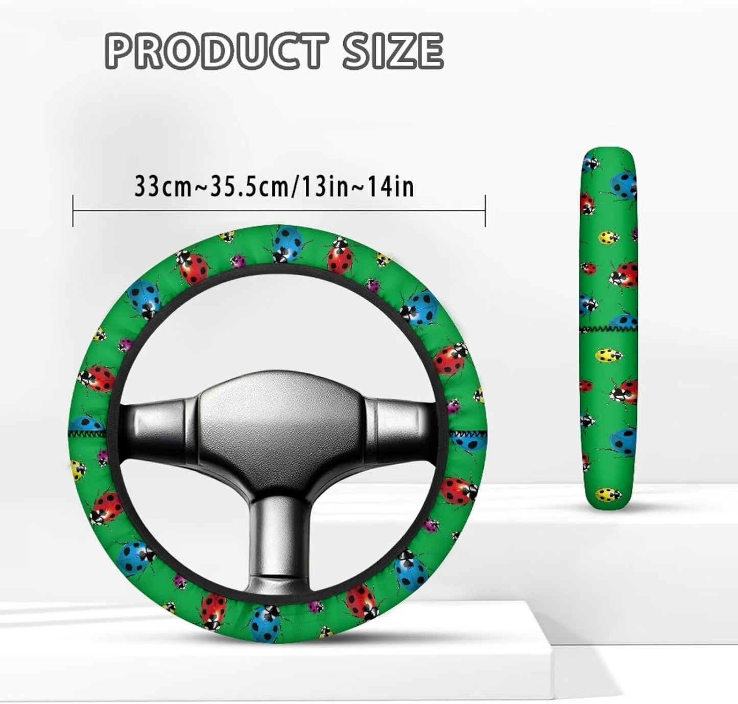 Ladybug Print Golf Cart Steering Wheel Cover Green 13-14 Inch Golf Cart Steering Wheel Covers Anti-Slip Universal Fit Club Car Accessories, Breathable Interior Decor