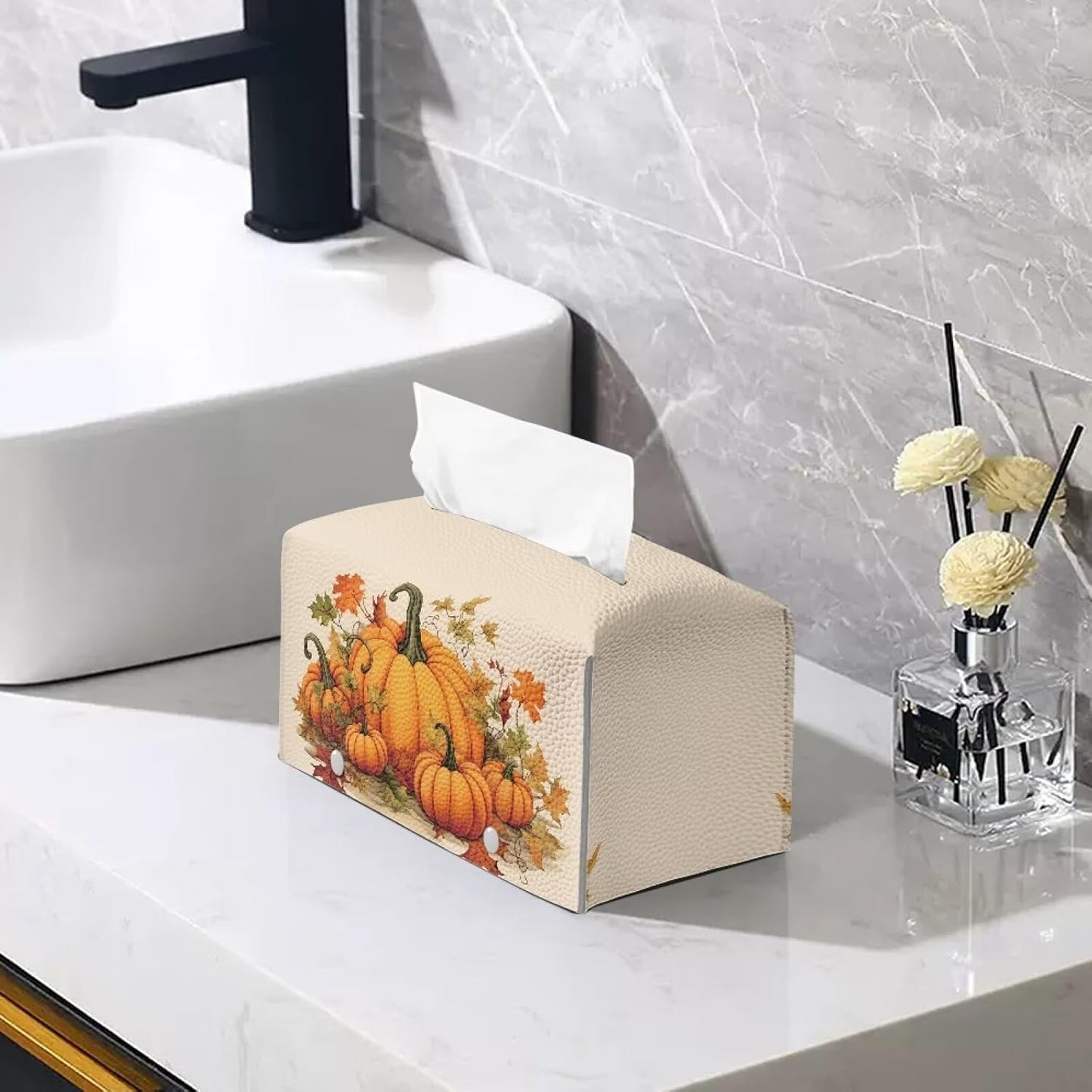 Fall Tissue Box Cover Rectangle with Storage Pumpkin Cute Design Tissue Box Covers Cube Tissue Box Holder for Car Bathroom Decoration Accessory Soft PU Leather