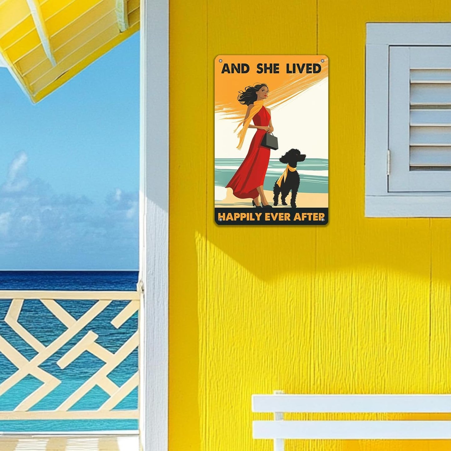 Vintage Tin Sign Metal Poster Plaque Poodle Girl and She Lived Happily Ever After Dog Metal Sign Iron Painting Retro Wall Decor Poster for Home Hotel Cafes 8x12 Inch