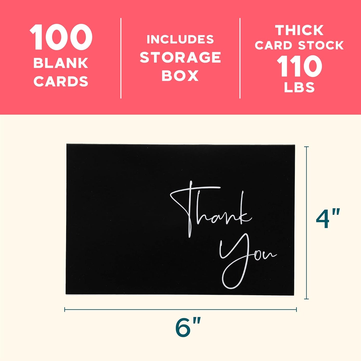 VNS Creations Thank You Cards With Envelopes Bulk Set & Stickers - 100 Pack 4x6 Blank Thank You Notes Bulk Box Set - Large Note Card Small Business, Wedding, Baby Shower & Bridal Shower - Black