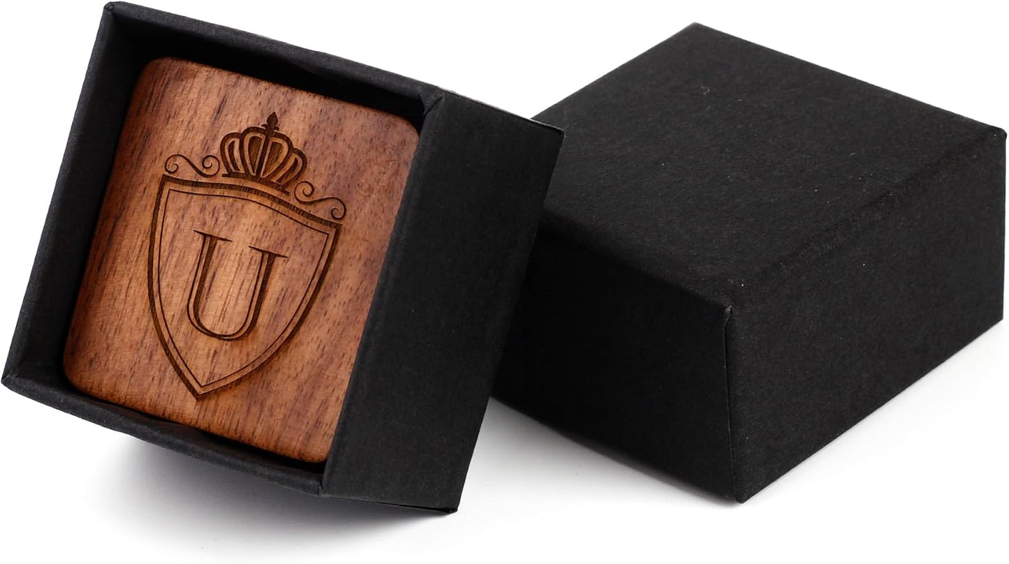 Mens Initial Silver Cufflinks A-Z Alphabet Letter Steel Cuff Links with Engraved Walnut Wood Box Groom Groomsman Wedding Set…