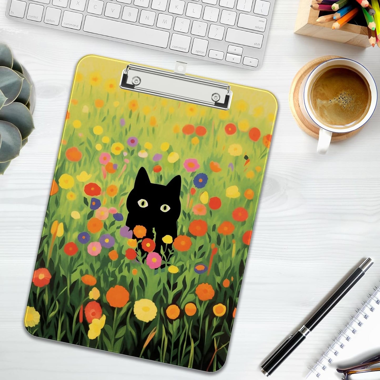 Rimilak Plastic Clipboards with Metal Clip, A4 Letter Size 9 x 12.5 in, Office Decorative for Students Women Men and Kids, Cute Custom Pattern, Green Grass Cat