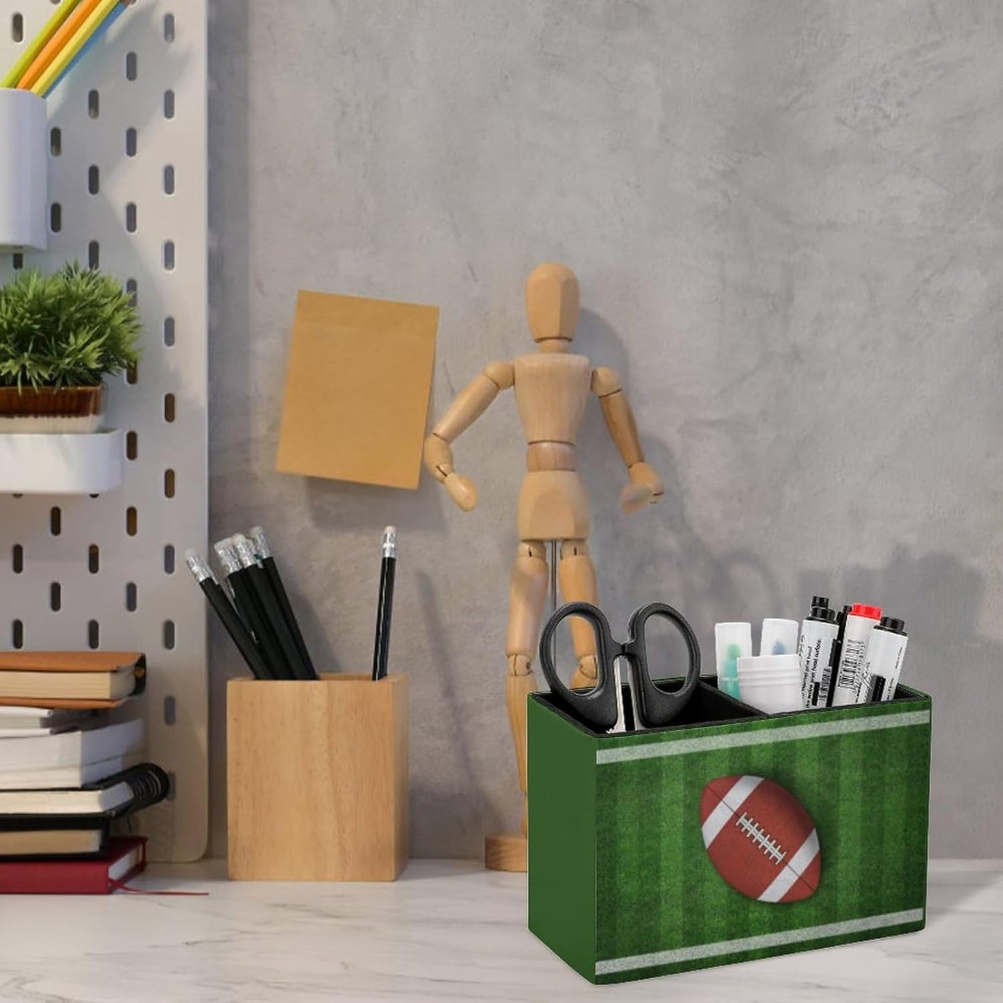 Pen Holder, Pencil Holder for Desk Organizer, American Football Game PU Leather Pencil Cups Desktop Stationery Storage Makeup Brush Holder Pen Organizer for Office Home