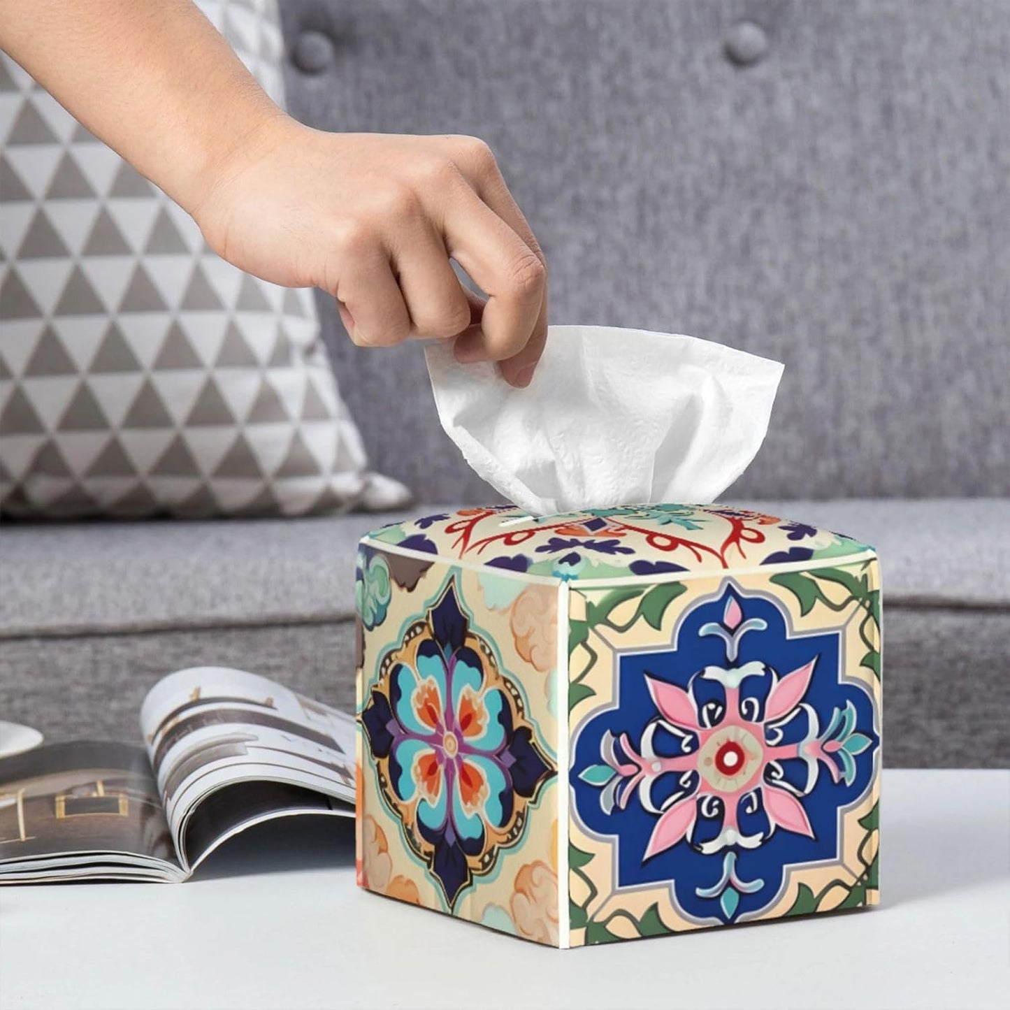 Tissue Box Cover Colorful Boho Ceramic Tile Square PU Leather Tissue Box Holder for Car Bathroom Bedroom Desk Tabletop Decor