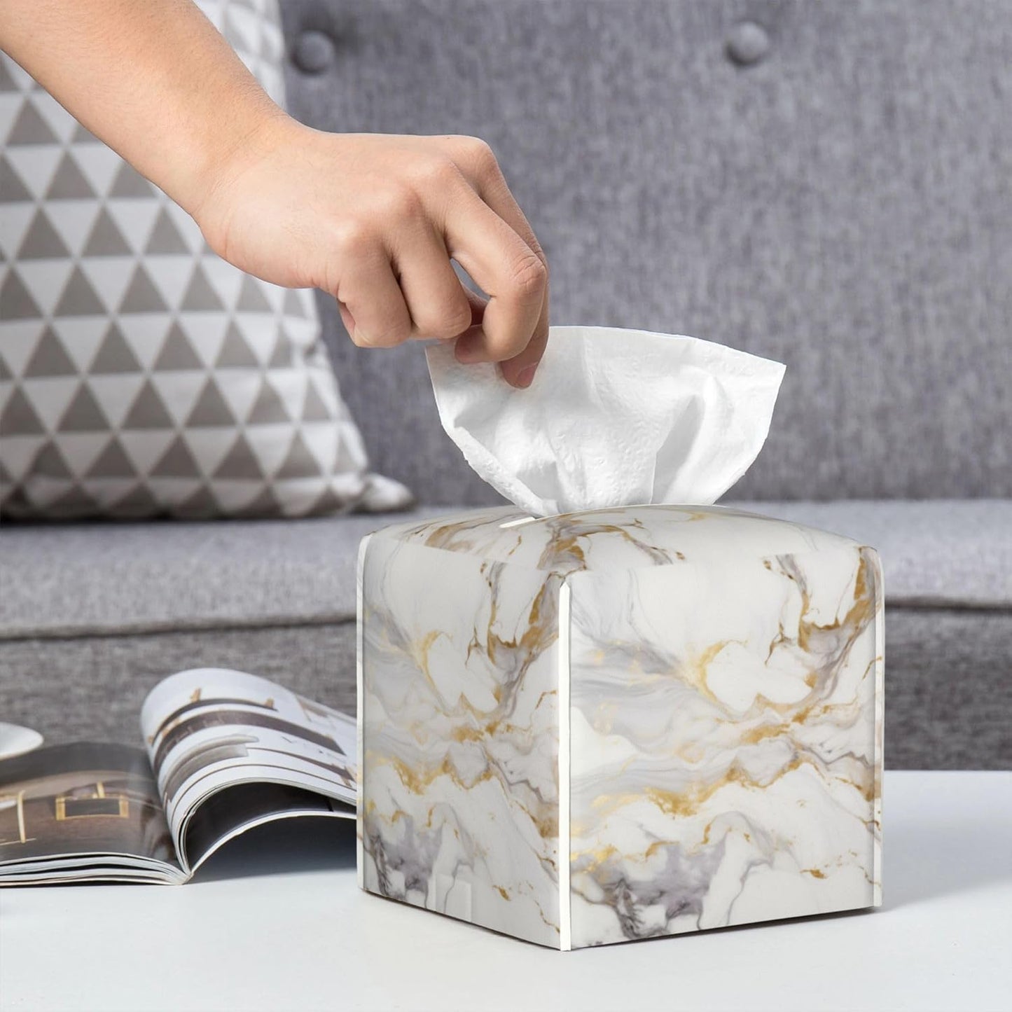 White Gold Marble Tissue Box Cover Square, Modern Abstract Marble Texture Tissue Box Holder Waterproof Leather Facial Paper Organizer Dispenser for Bathroom Home Car Nightstand Vanity Desk