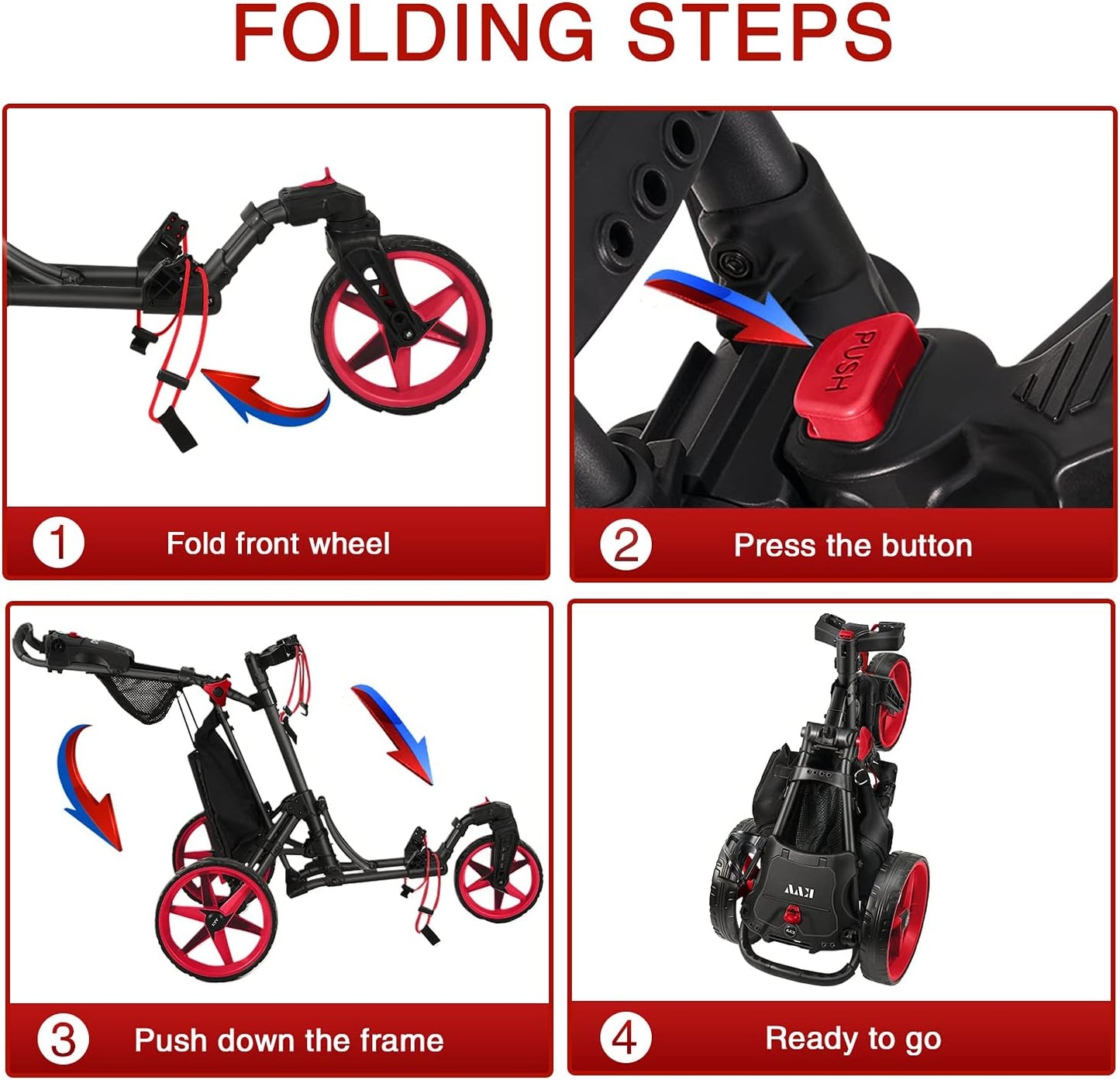 KVV 3 Wheel 360 Rotating Front Wheel Golf Push Cart Open and Close in ONE Second-Free Umbrella Holder Included