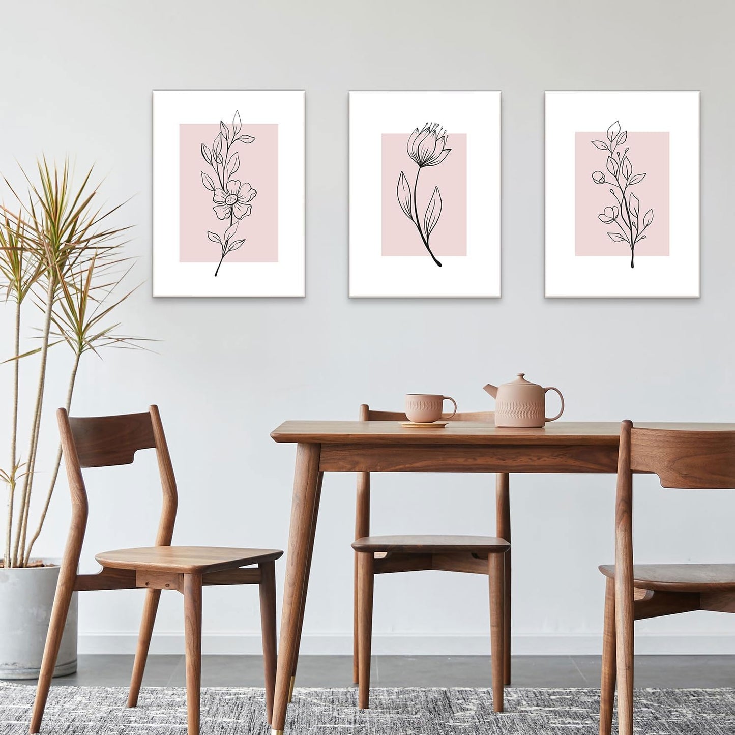MTFBWY Floral Wall Art Line Flower Canvas Print Pink Botanical Pictures Poster Home Wall Decor Framed Minimalist Painting Artwork Set of 3 for Bedroom,Living Room Bathroom 12"x16"