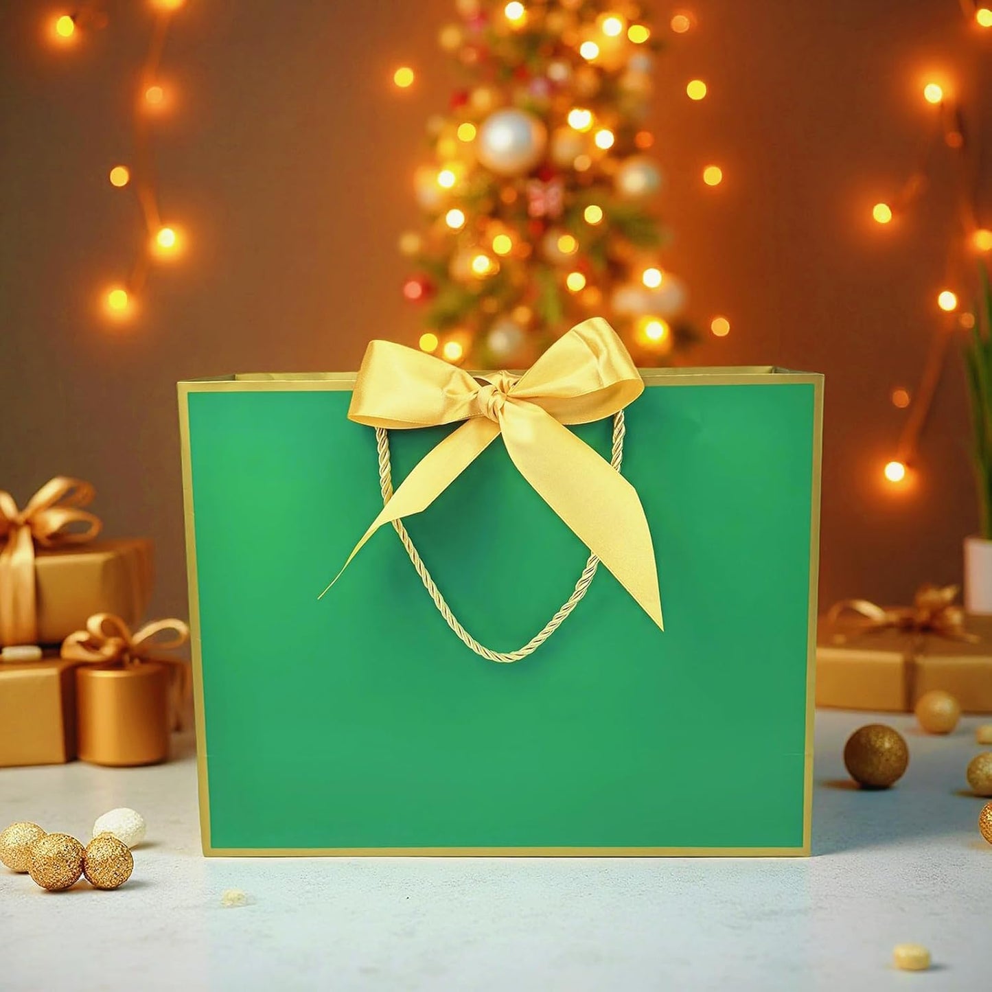 TKSBAG 12PCS Gift Bags Medium Size with Handles, 12.5 x 9.8 x 4.3 In Green Gold Thank You Bags with Bow Ribbon for Wedding, Birthday, bridesmaid, Party Favors, Thanksgiving, Christmas